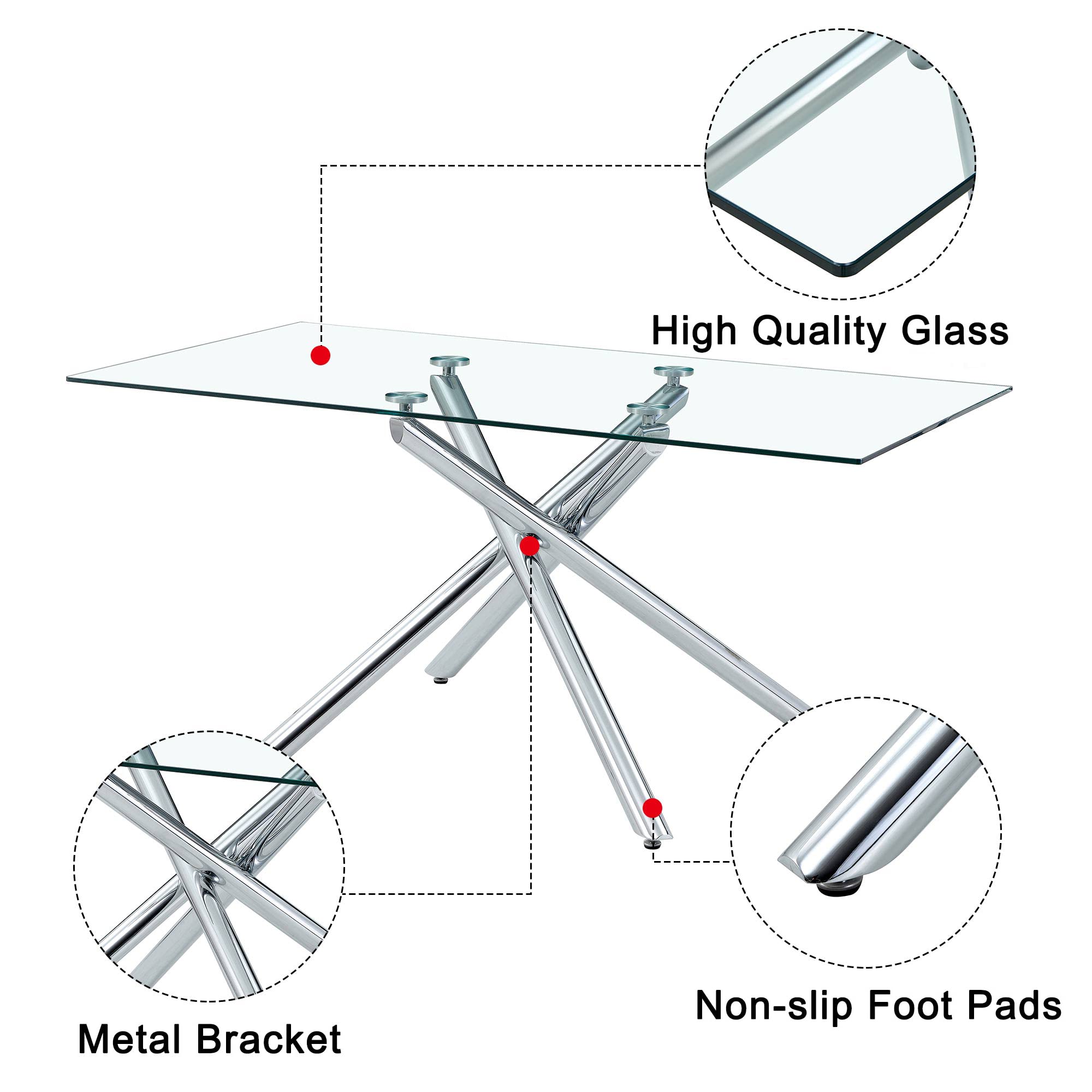 63 Inch Modern Rectangular Glass Dining Table for 4-6 People - Tempered Glass Top with Silver Metal Legs - Perfect for Kitchen, Dining Room & Small Space Entertaining