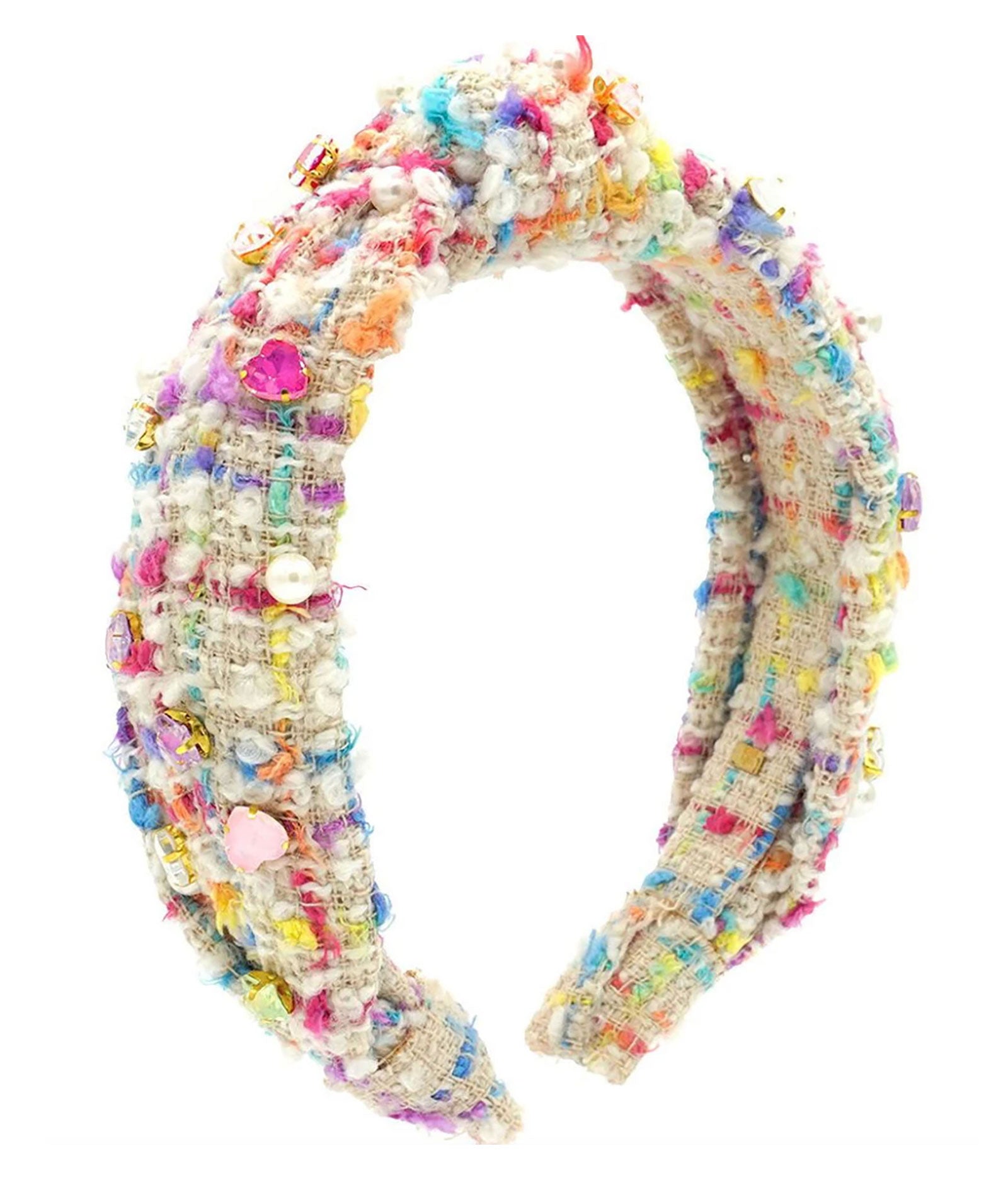 Bari Lynn Knot Headband with Jewelled Hearts and Stars - Elegant Tweed Hair Accessory for Women, Girls - Perfect for Weddings, Parties, and Everyday Fashion