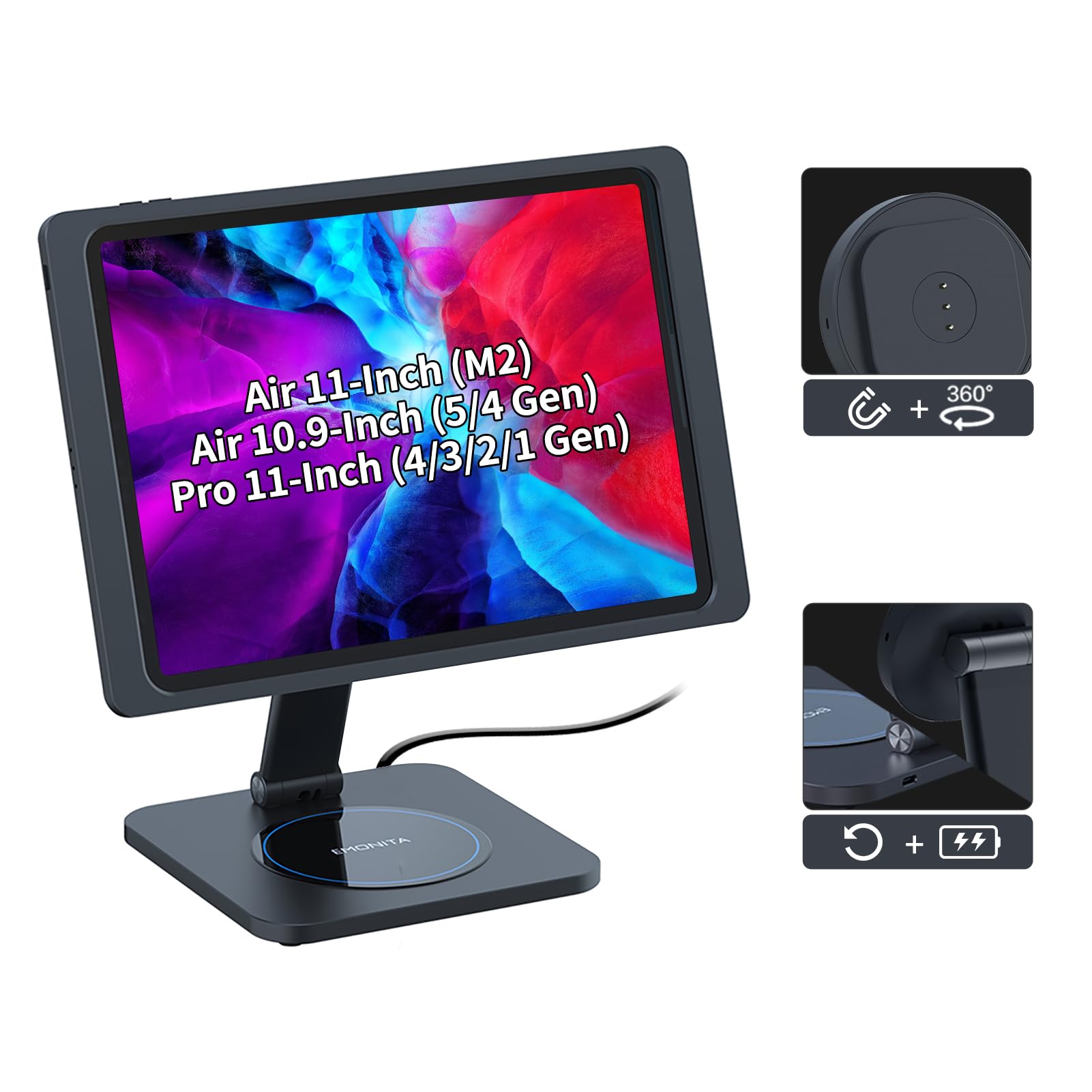 Foldable Magnetic Stand with Charging Case A9 for iPad Air & iPad Pro 11-Inch - Strong Magnets, 360° Rotation, 90° Tilt | Includes 45W Fast Charger Adapter & USB-C Cable | Perfect for Home Office, Travel & Hands-Free Viewing