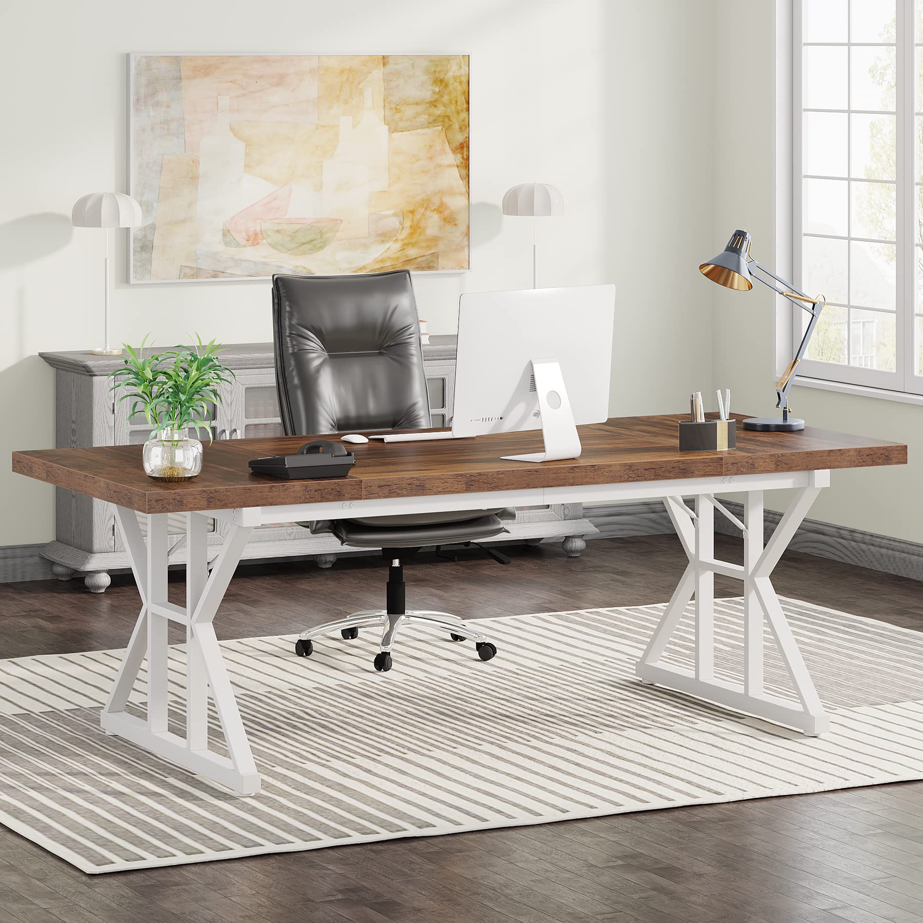 Tribesigns 70.8-Inch Executive Office Desk - Large Modern Computer Desk for Home Office, Study & Workspace - Sturdy Writing Table with Simple Design (Brown/White) - Perfect for Remote Work, Gaming & Business Meetings