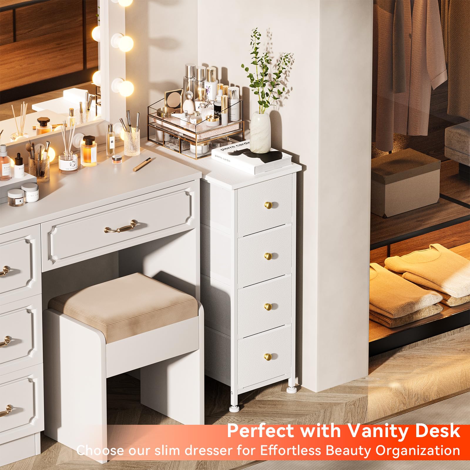 Slim 4-Drawer Dresser with Wood Top & Steel Frame - White for Bedroom & Small Spaces