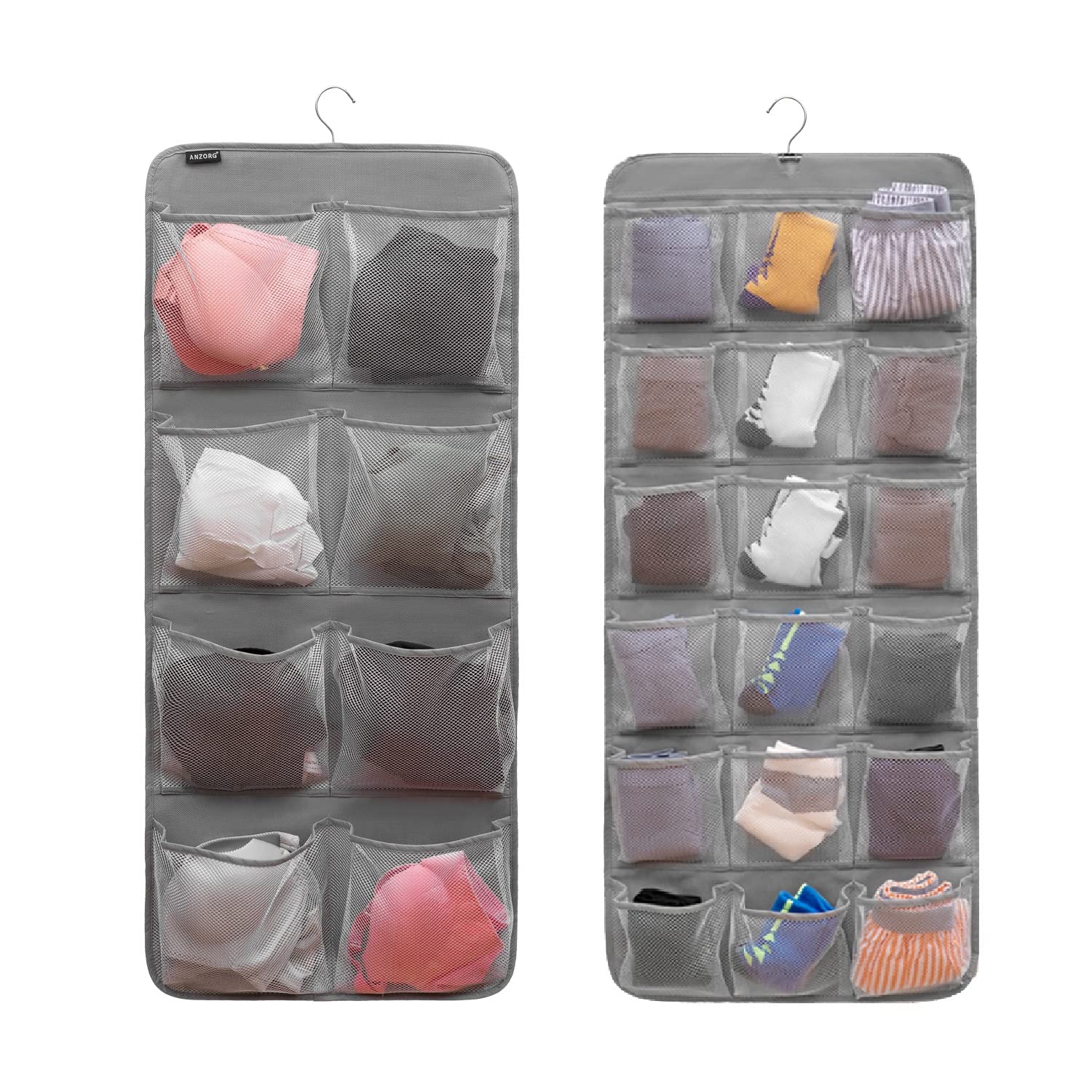 Dual-Sided Hanging Closet Organizer - 26 Pockets for Socks, Underwear, Bras & Baby Clothes | Space-Saving Storage for Kids & Toddler Shoes (Grey-Mesh Pockets) | Perfect for Nursery, Bedroom & Small Closet Organization
