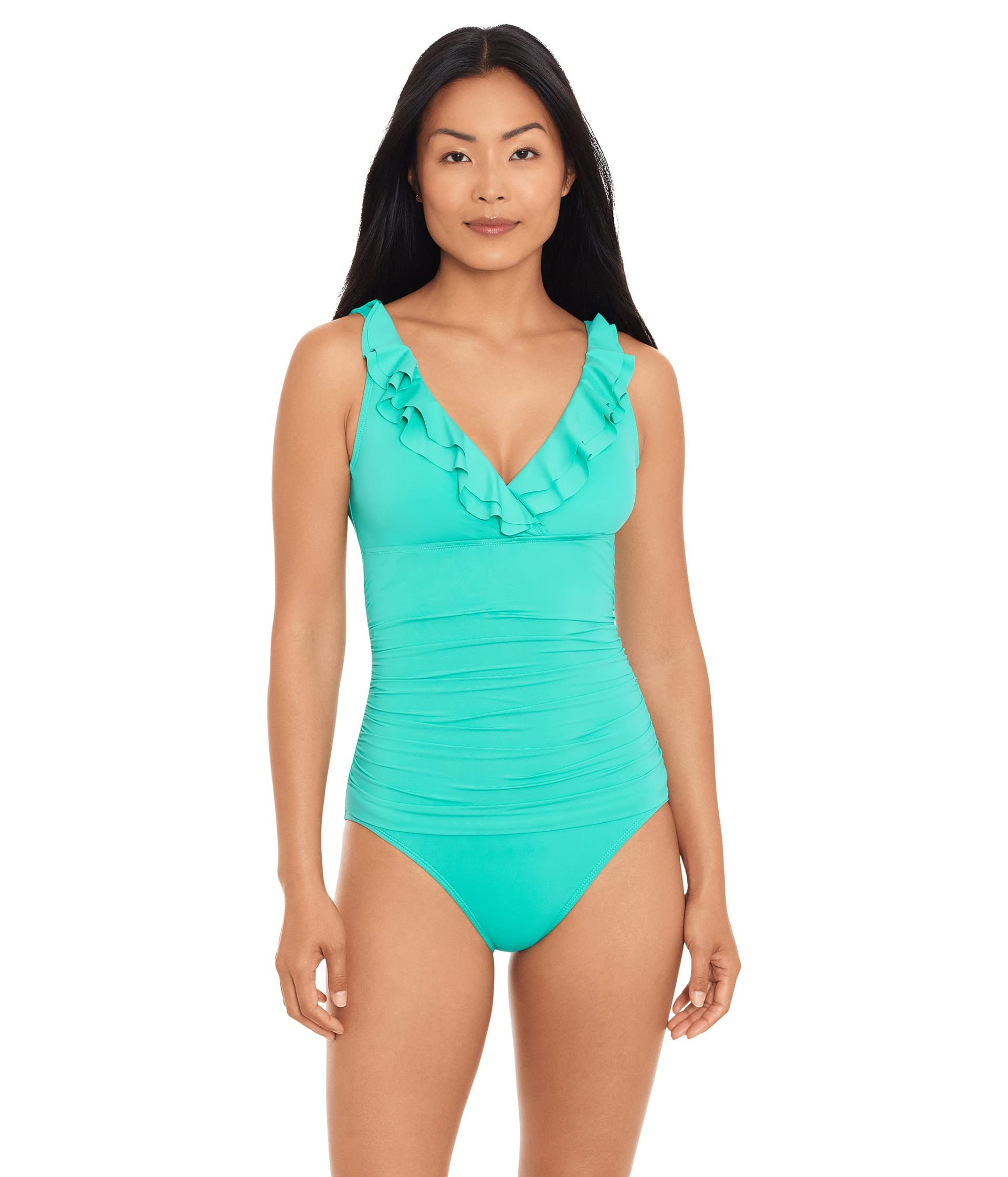 Lauren Ralph Lauren Women's Solid Ruffle Surplice One-Piece Swimsuit | Beach Club Collection | Perfect for Pool, Vacation & Summer Getaways