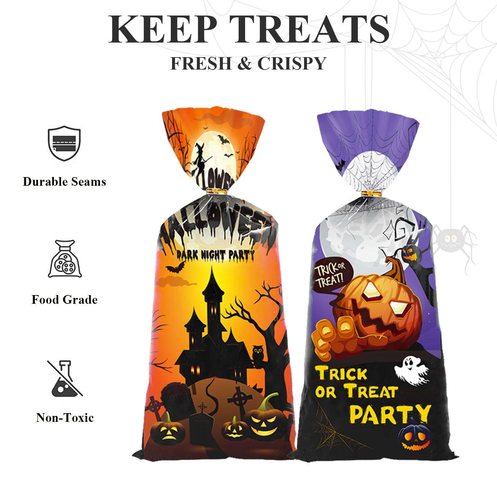 Artby7 Halloween Treat Bags - 50 Pack Scary Design Cellophane Goodie Bags for Trick or Treat, Party Favors & Candy Storage | Pumpkin, Witch & Ghost Themed | Perfect for Halloween Parties, Classroom Treats & Spooky Decorations