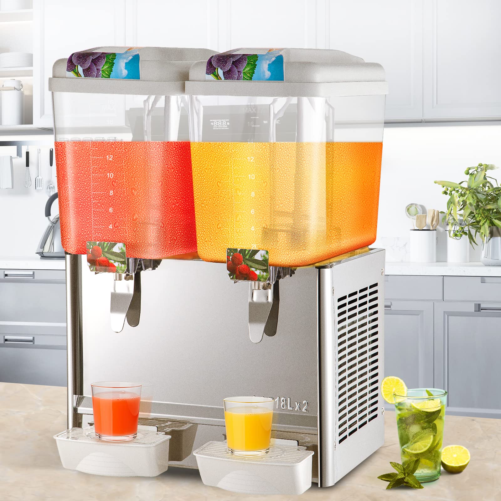 VEVOR 9.5 Gallon Commercial Beverage Dispenser - 2 Tanks, 300W, Stainless Steel, Food Grade, with Thermostat Controller - Perfect for Cold Drinks, Iced Tea, Lemonade at Restaurants, Cafes, Parties & Events