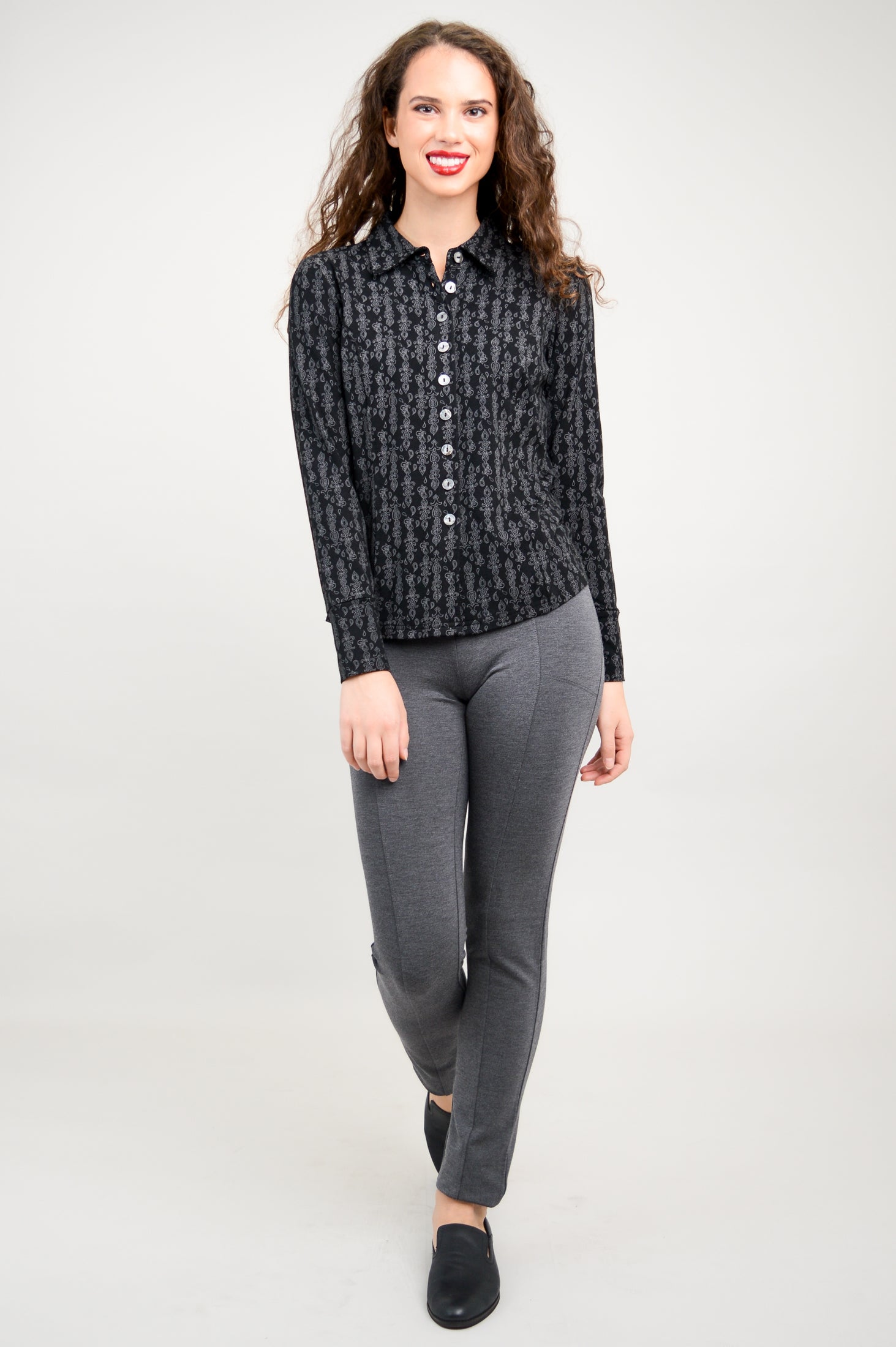 Harley Long Sleeve Top for Women - Soft Bamboo Fabric, Charcoal Paisley Print - Comfortable & Stylish Casual Shirt - Perfect for Work, Travel & Everyday Wear