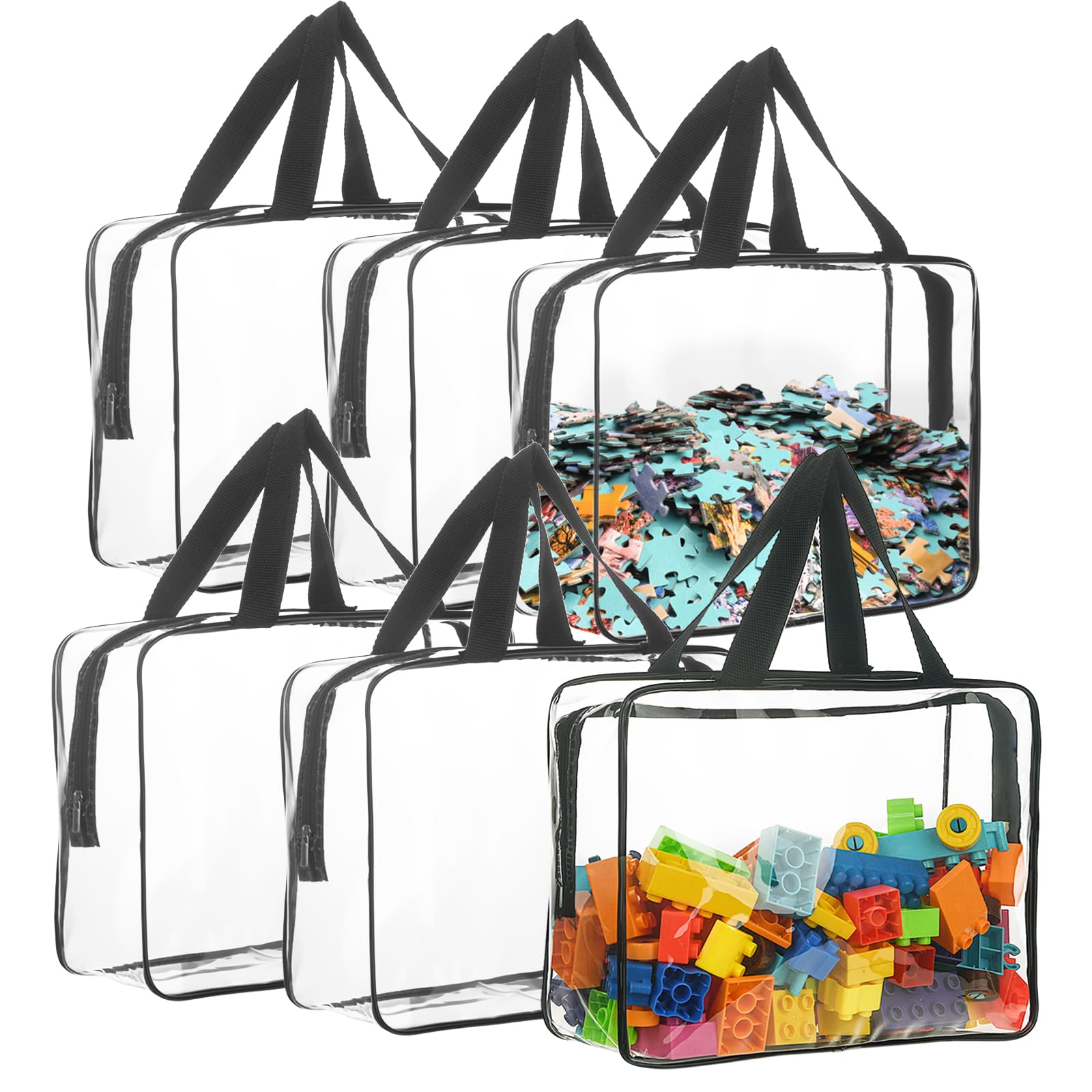 6 Pack Large Clear PVC Zipper Storage Bags - Waterproof Travel Organizer for Board Games, Building Blocks, Puzzles, Kids Toys & Books - Perfect for Home Organization, Playroom Storage & Travel Accessories