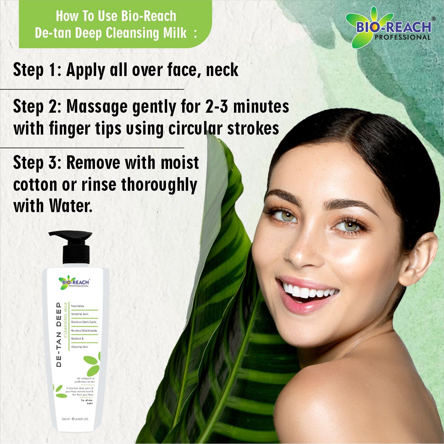 BIO-REACH DE-TAN Deep Cleansing Milk for Face - 2 Pack (500ml Each) - Brightening & Exfoliating Facial Cleanser for Dark Spots & Uneven Skin Tone - Perfect for Daily Skincare Routine & Post-Sun Care
