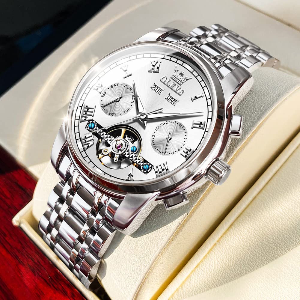 OLEVS Automatic Self-Winding Men's Watch with Date & Day Calendar - Stainless Steel Skeleton Tourbillon Watch - No Battery Needed, Waterproof - Perfect for Business, Casual & Formal Occasions