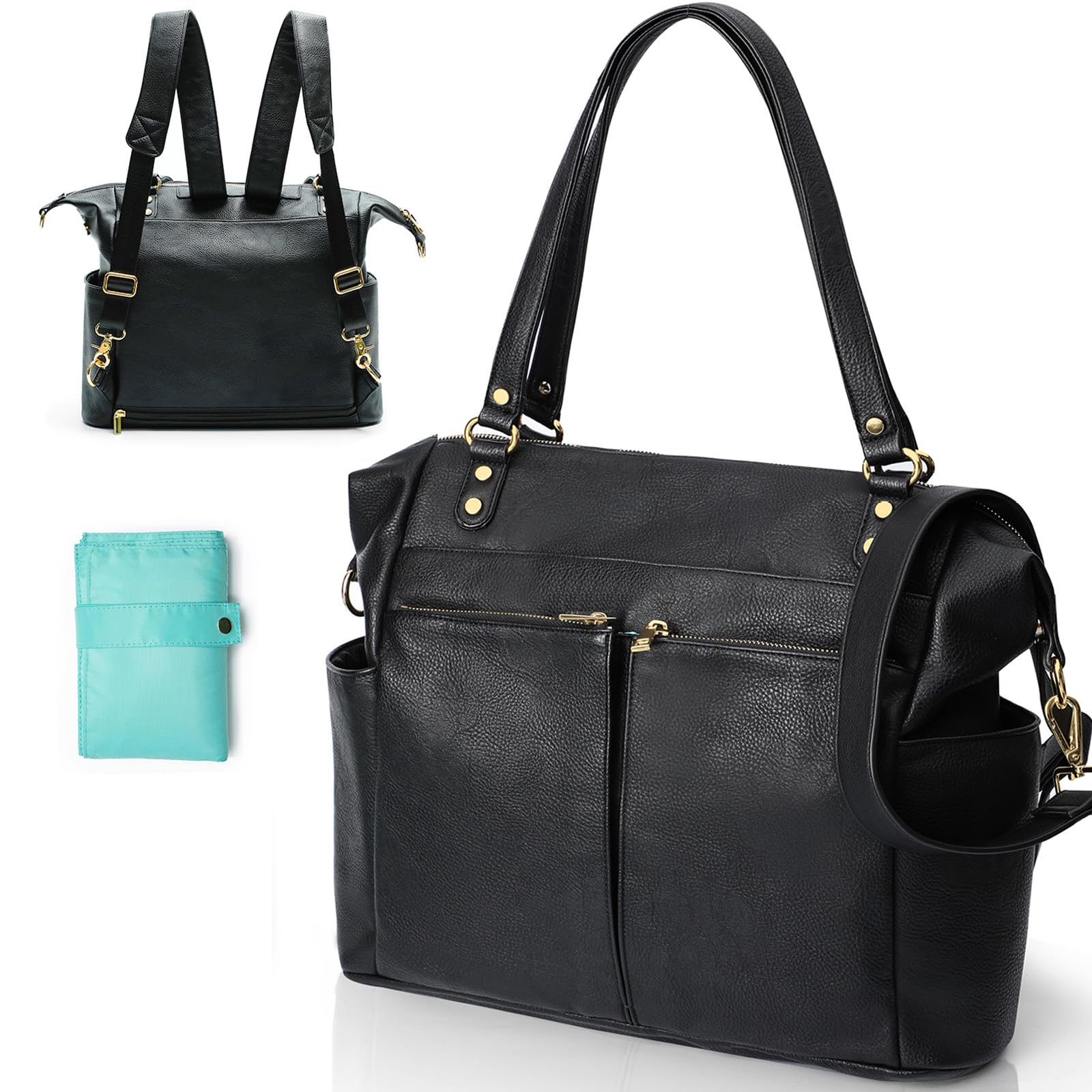 Premium Leather Diaper Bag Backpack for Moms - Large Tote with 14 Pockets, Insulated Compartments & Changing Pad | Convertible Baby Bag for Travel, Daycare & On-the-Go Parenting (Black)