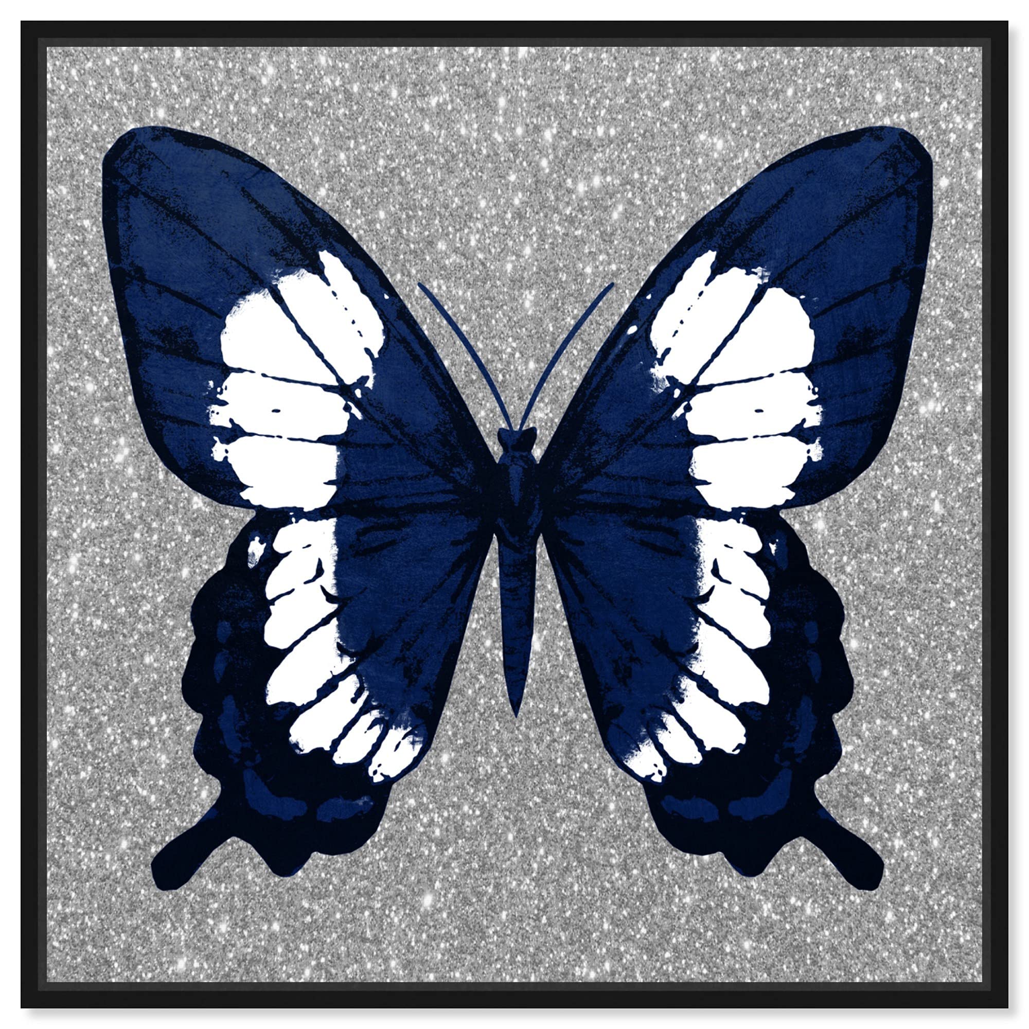 Oliver Gal Artist Co. Animals Wall Art Canvas Print - Glitter Navy Silver Butterfly Insect Home Decor - 20x20 Inches Black Framed Painting for Living Room, Bedroom & Office Decoration