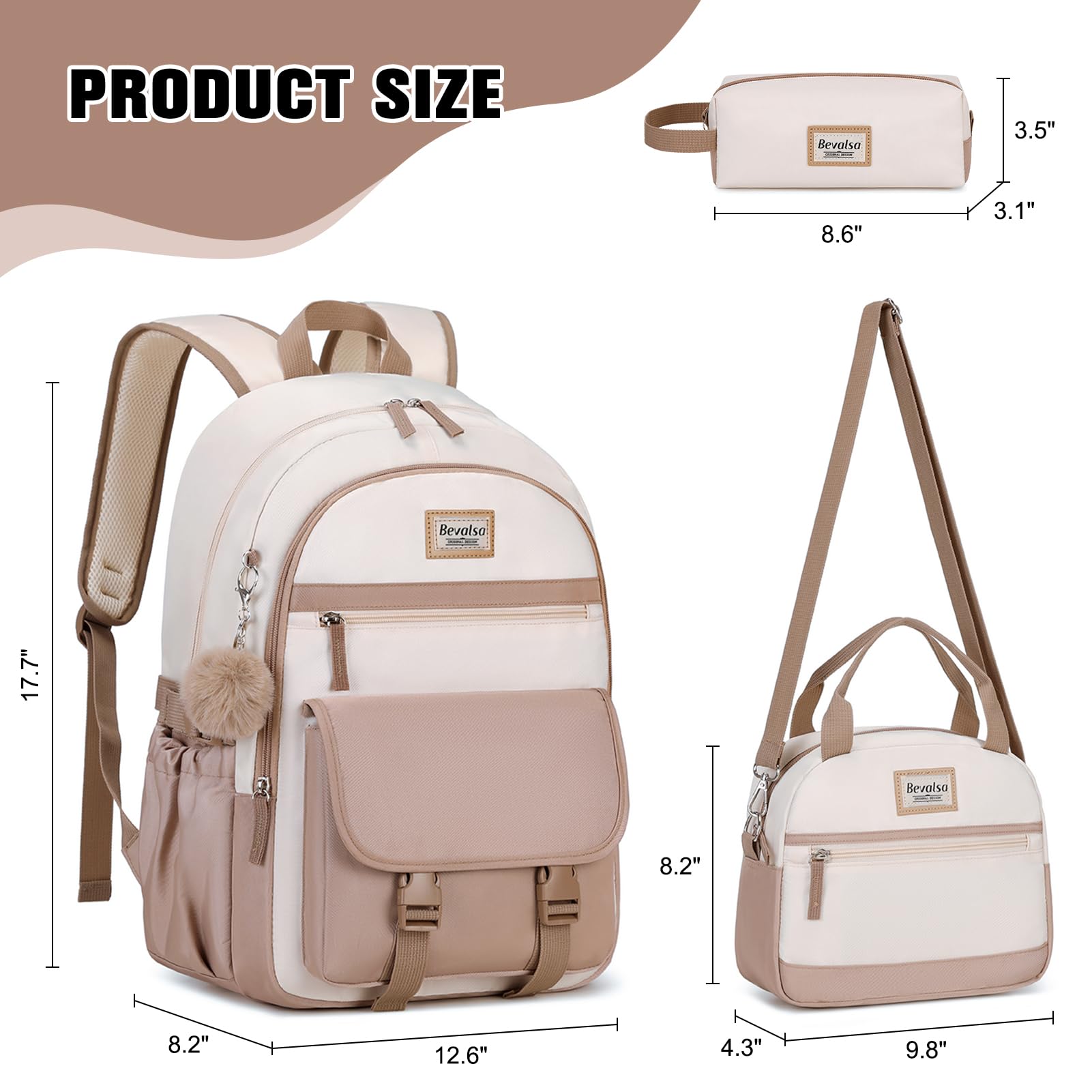 Bevalsa Women's Laptop Backpack for College Students & Teens - Stylish School Backpack with Lunch Bag & Pencil Pouch (Khaki Beige) - Perfect for School, Work & Travel