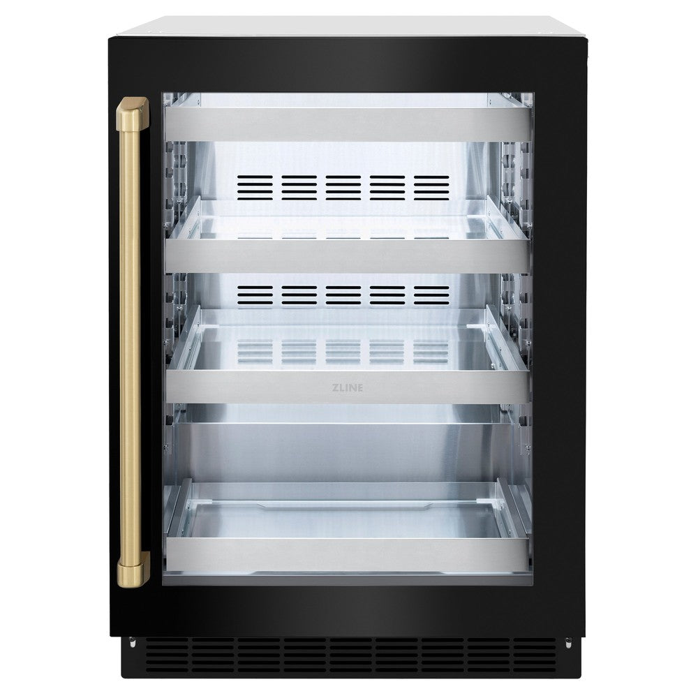 ZLINE Autograph Edition 24 Inch Touchstone 151 Can Beverage Refrigerator - Black Stainless Steel Glass Door with Champagne Bronze Handle - Compact Wine Cooler & Mini Fridge for Kitchen, Bar, Office, or Man Cave (RBSOZ BS 24 CB)