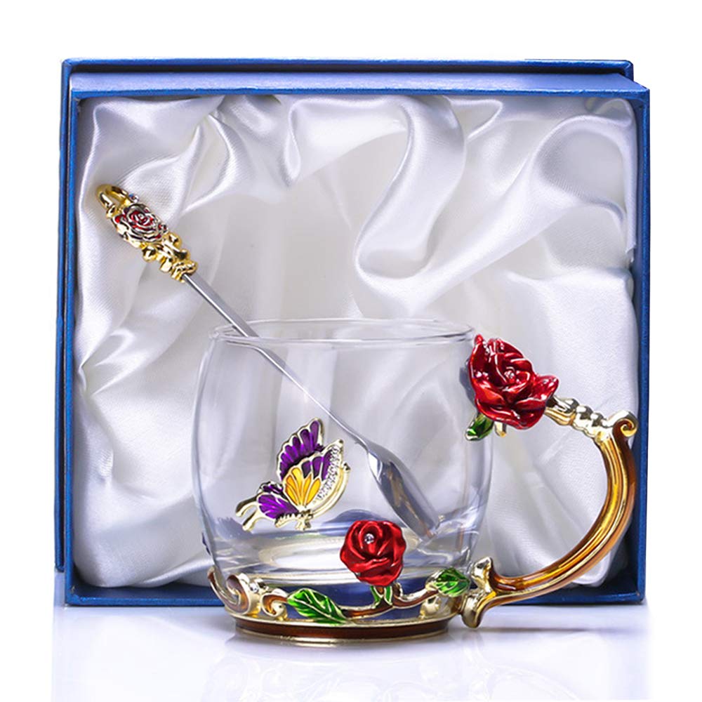 Elegant Rose & Butterfly Enamel Tea Cup Set - 12oz Glass Coffee Mug with Spoon - Perfect for Tea, Coffee & Hot Drinks - Unique Birthday, Wedding & Christmas Gift Idea - Ideal for Home, Office & Gifting