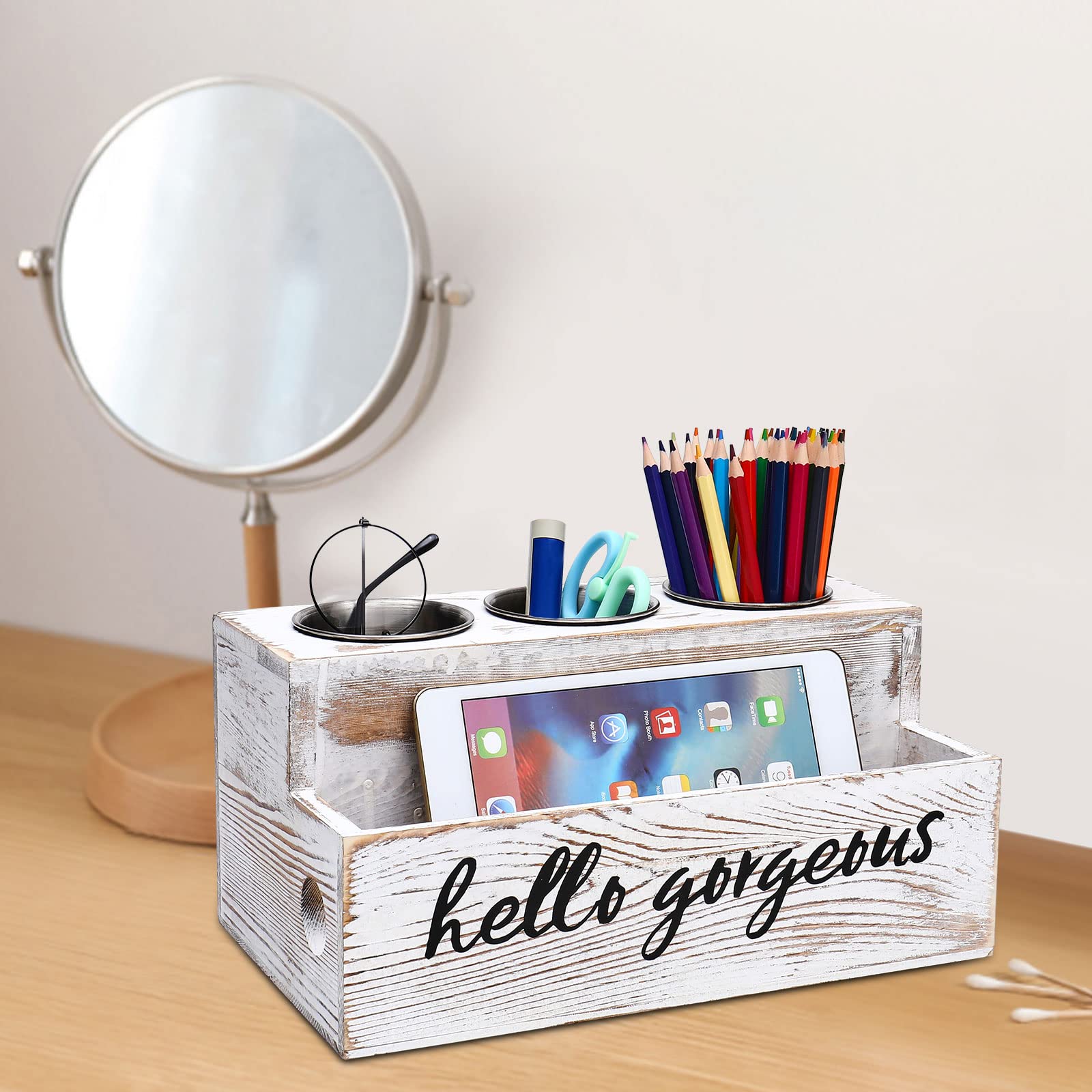 Rustic Wood Hair Dryer Holder with 3 Metal Cup Slots - Bathroom Countertop & Vanity Organizer for Hair Tools, Blow Dryer, Cosmetics - Perfect for Small Spaces, Drawer Storage & Clutter-Free Bathroom Organization