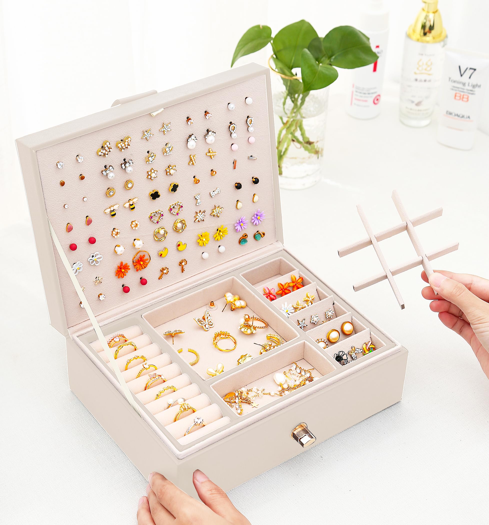 **Beige Jewelry Box Organizer for Girls - Earring Holder, Necklace & Ring Storage - Perfect for Teen Bedroom, Birthday Gifts & Travel Jewelry Case**