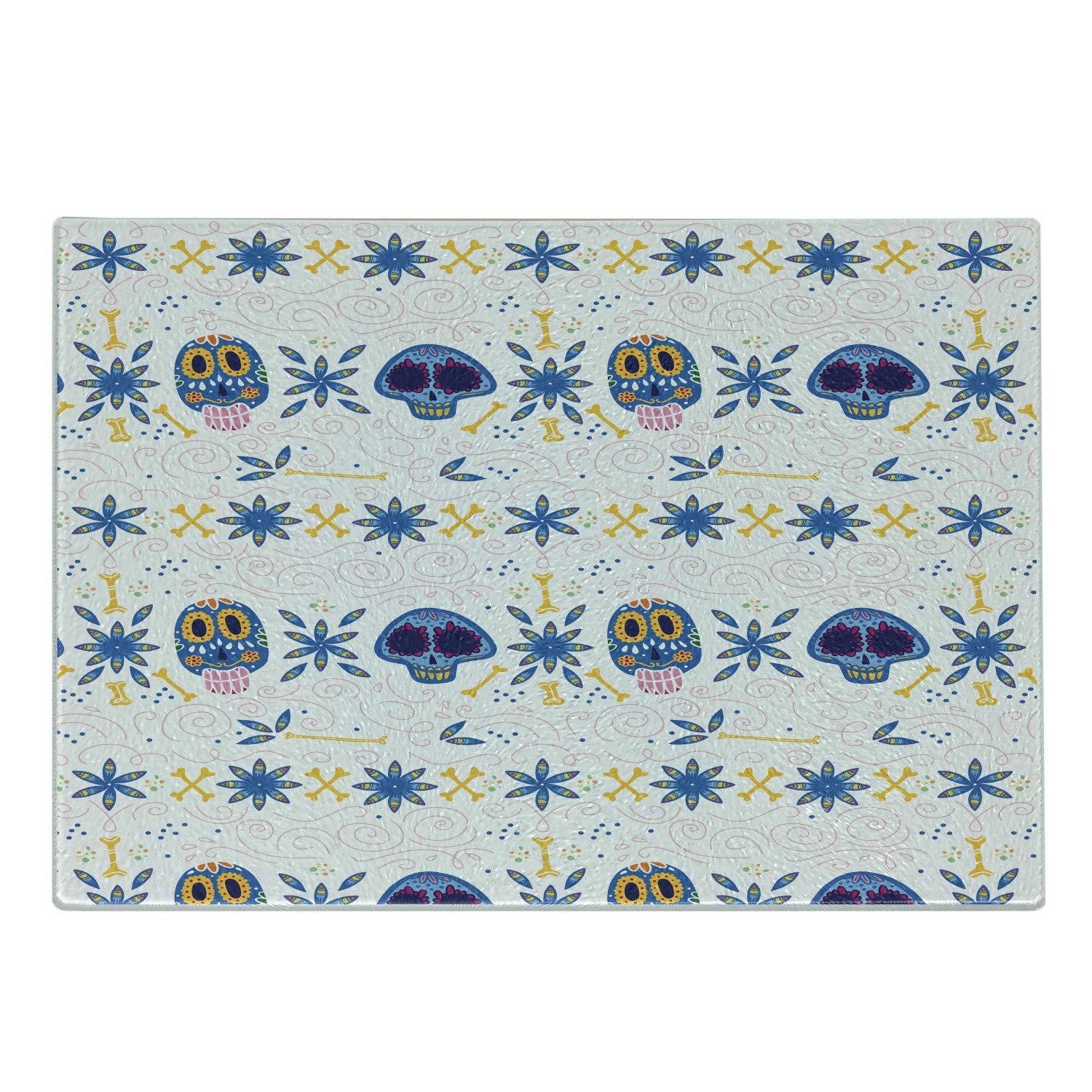 Ambesonne Cinco de Mayo Tempered Glass Cutting Board - Decorative Sugar Skulls, Bones & Flowers Design - Small Size Azure Blue Multicolor - Perfect for Serving Cheese, Charcuterie & Party Snacks
