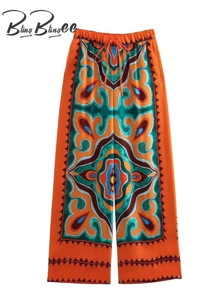 BlingBlingee Summer Printed Women's Wide Leg Pants & Satin Crop Top Set - Y2K Fashion Asymmetric Sleeveless Strapless Outfit for Beach, Party & Casual Wear