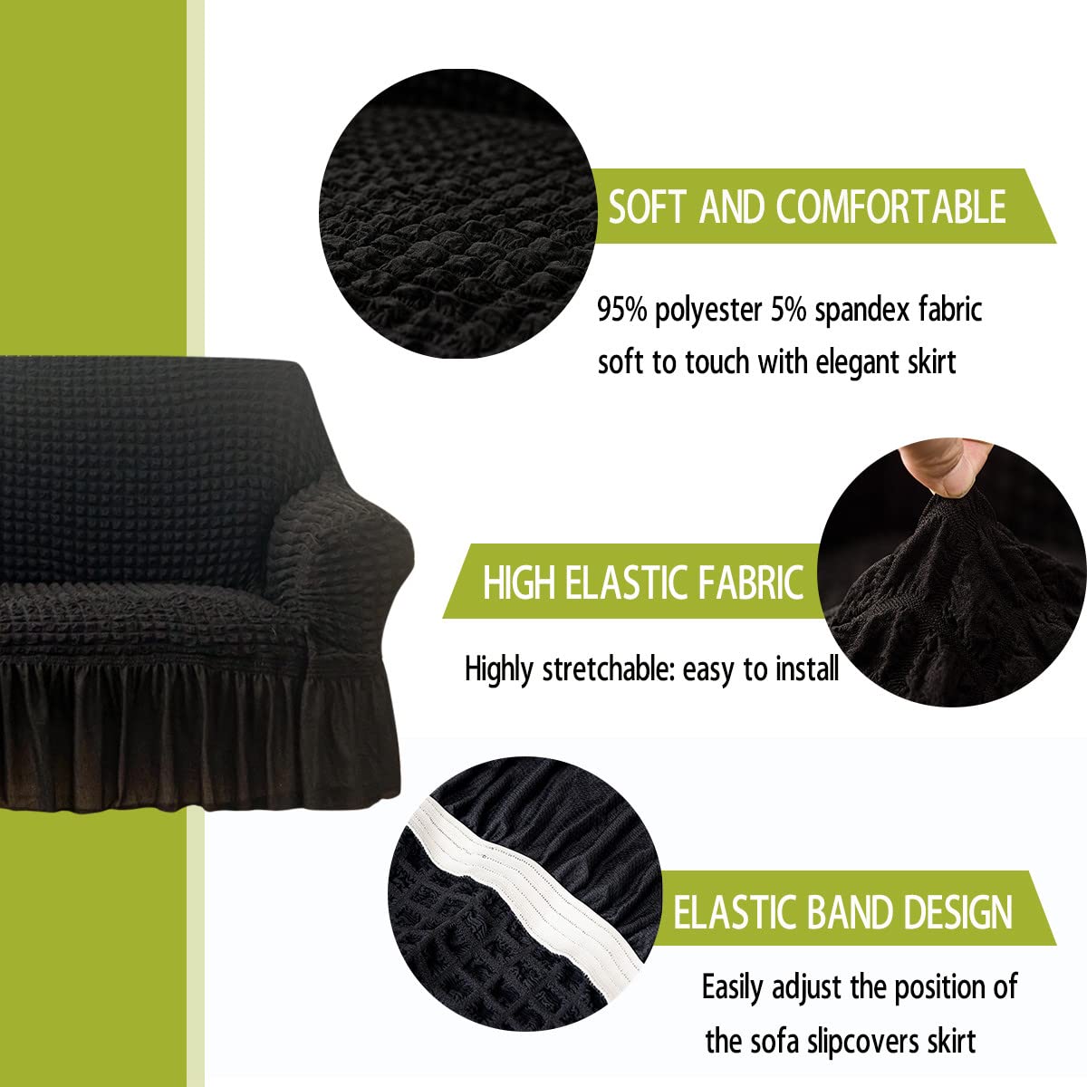 Qubjus Stretch Sofa Slipcover - Washable Couch & Sofa Bed Cover with Elastic Bottom & Skirt - Easy Fit Furniture Protector for Living Room, Bedroom, Office (Black, Extra Large)