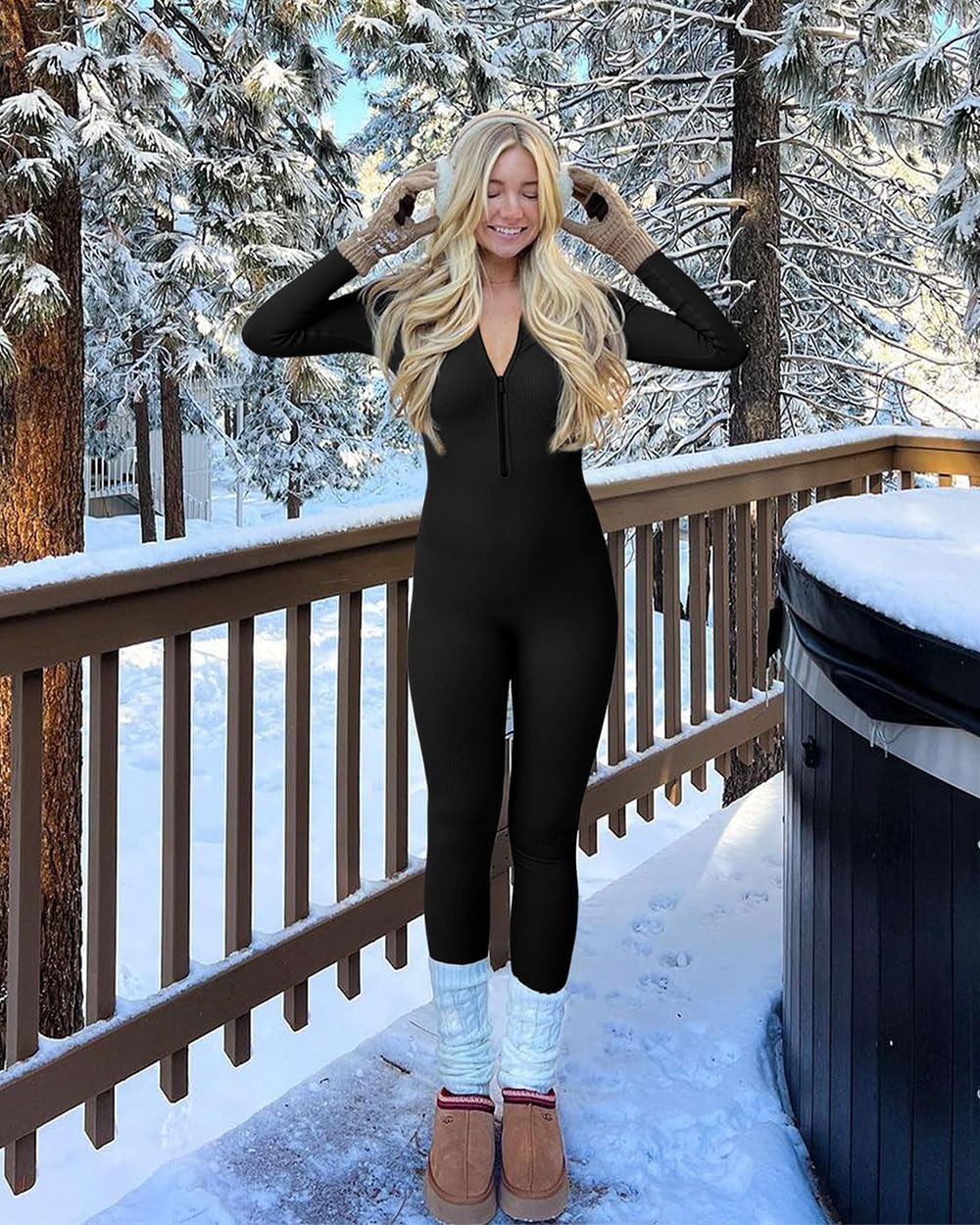 OMKAGI Women's Long Sleeve Zip Front Jumpsuit - Ribbed High Neck Workout Romper for Yoga, Gym & Casual Wear | Stretchy Comfort Outfit for Women