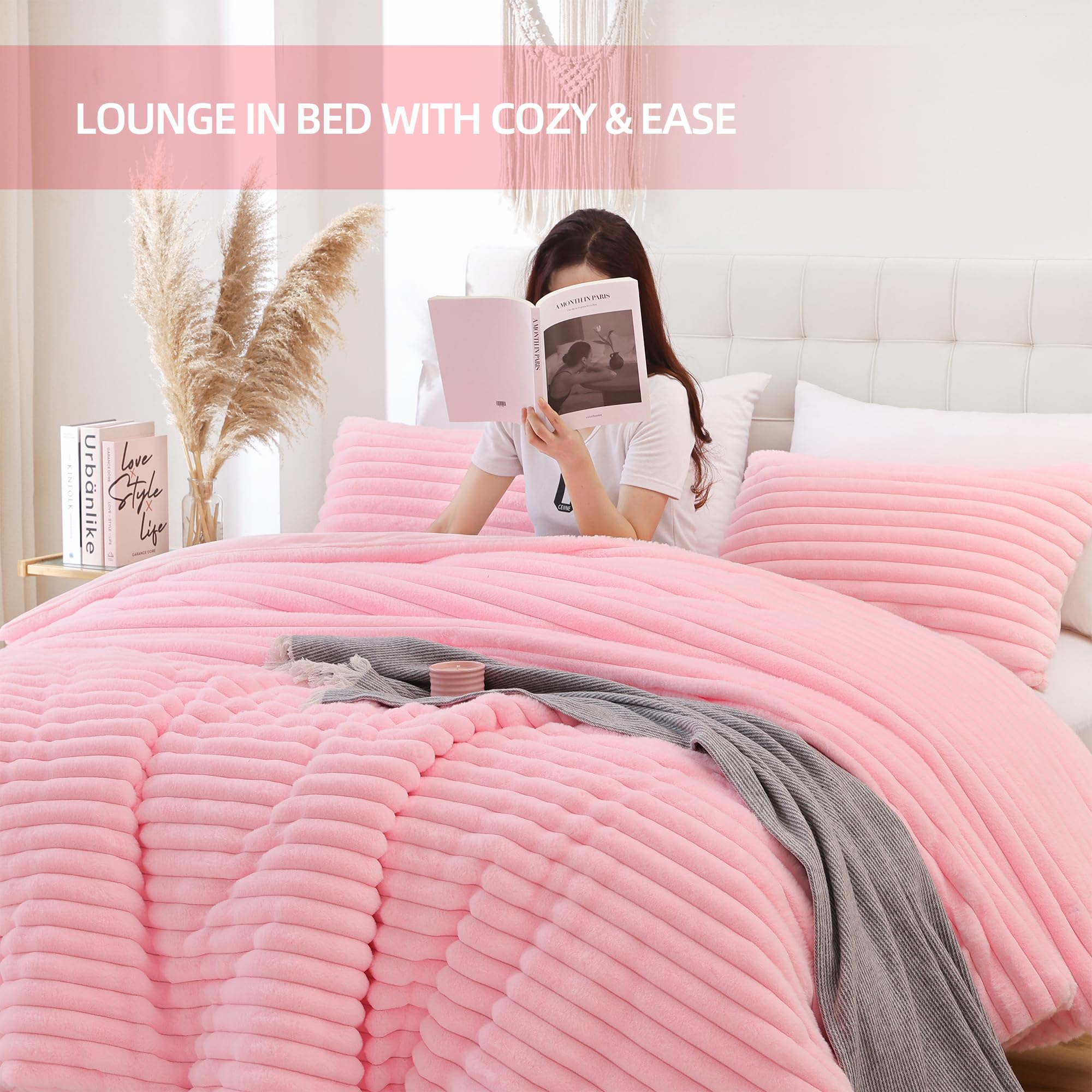 Luxury Pink Fleece Fluffy Queen Comforter Set - 3 Piece Soft Warm Faux Fur Bedding with 2 Pillow Shams | All Season Cozy Fuzzy Blanket for Bedroom, Guest Room & Dorm Decor | Ultra Plush Winter Comforter for Women & Teens