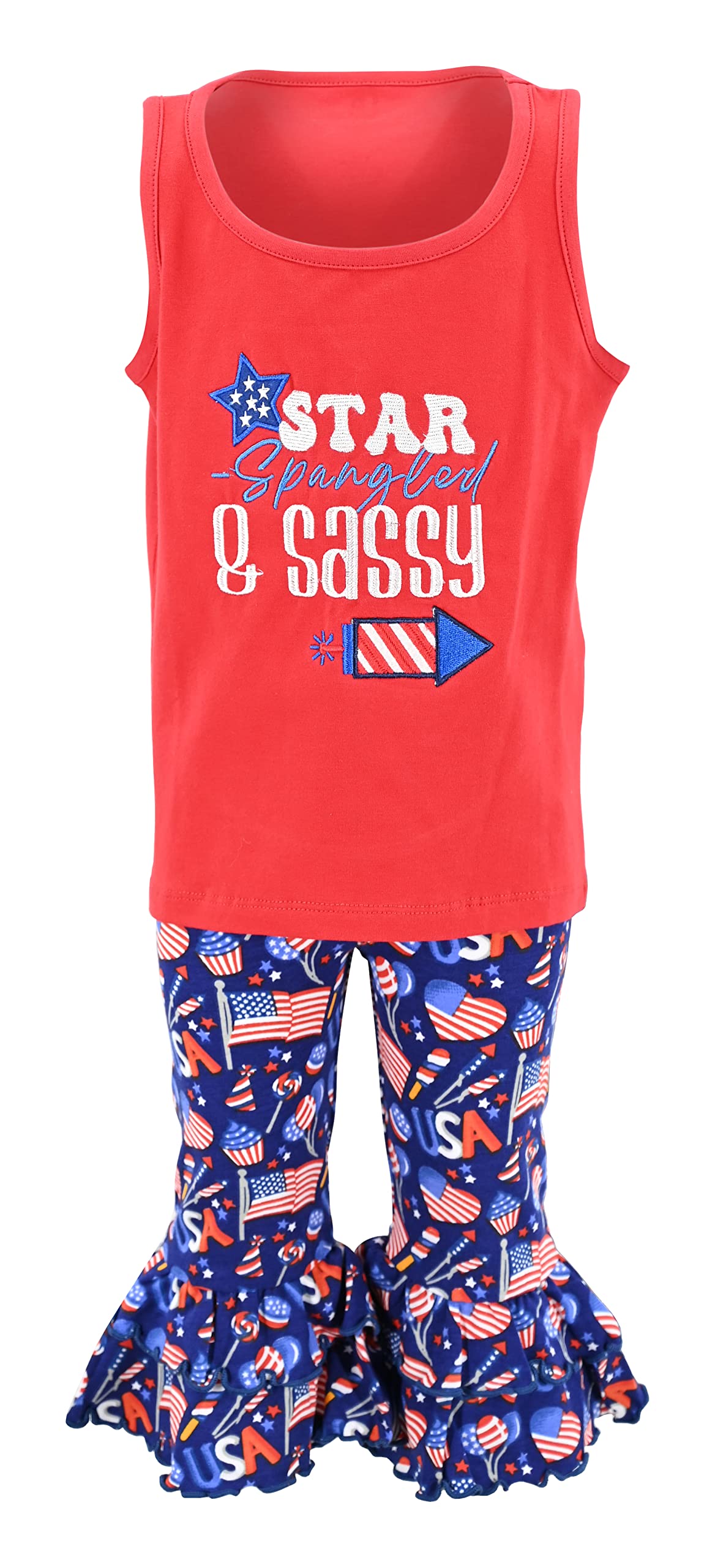 4th July Baby Girl Embroidered Capri Set (3Y, Red) - Patriotic Outfit