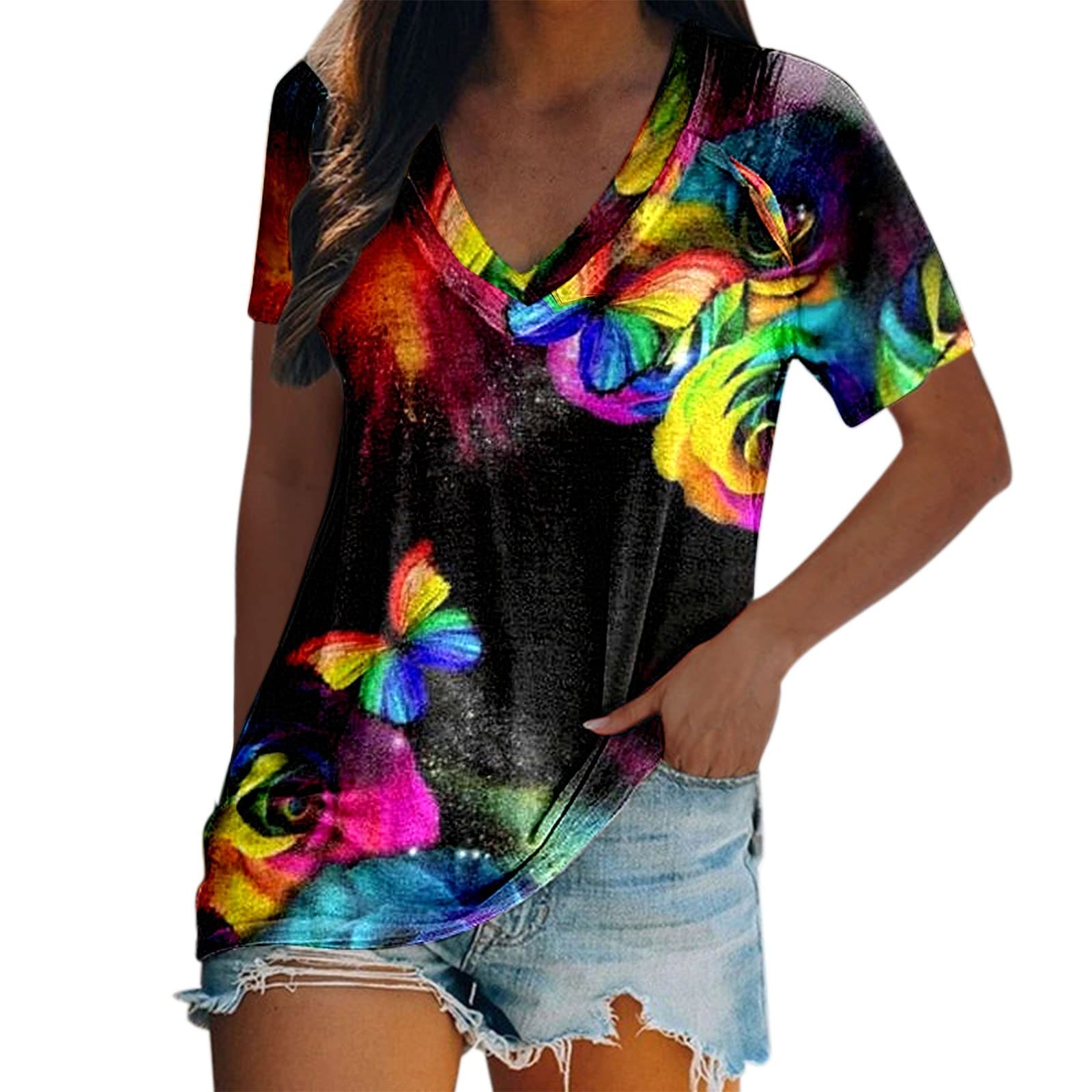 Women's Summer V-Neck Short Sleeve T-Shirts - Colorful Butterfly Printed Loose Graphic Tunic Tops for Casual Wear & Outdoor Activities