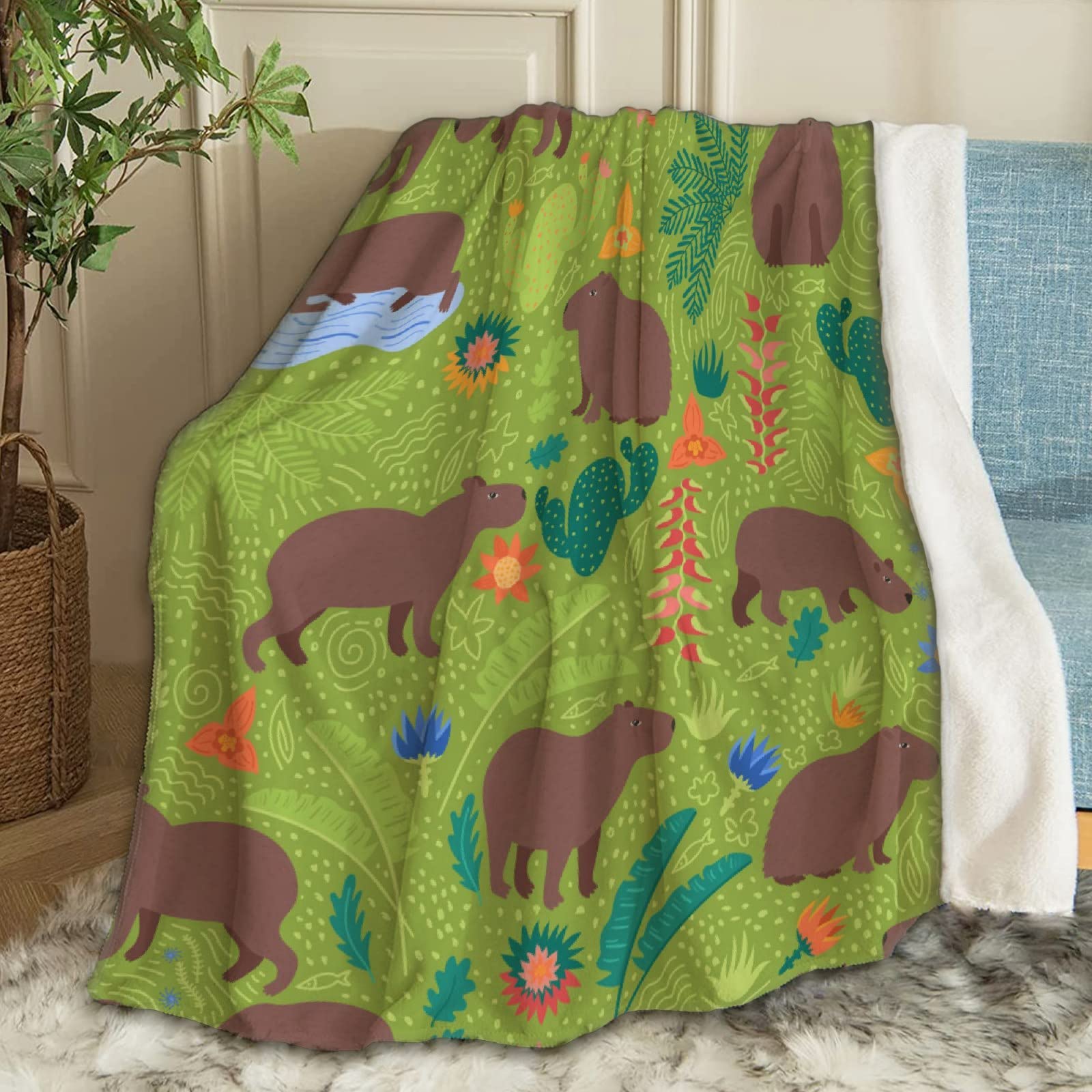 ARTBLANKET Capybara Print Fleece Throw Blanket - Super Soft Green Flannel Blanket 40x30 Inch for Bed, Couch, Sofa & Travel - Cozy Funny Blanket for Adults, Kids & Baby - Perfect for Gifts, Camping & Movie Nights