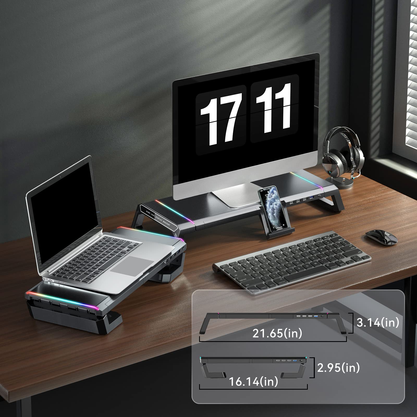 KYOLLY RGB Gaming Monitor Stand with Storage Drawer & Phone Holder - USB 3.0/2.0 Hub, Adjustable Height - Perfect for PC Gaming Setup & Home Office Workspace
