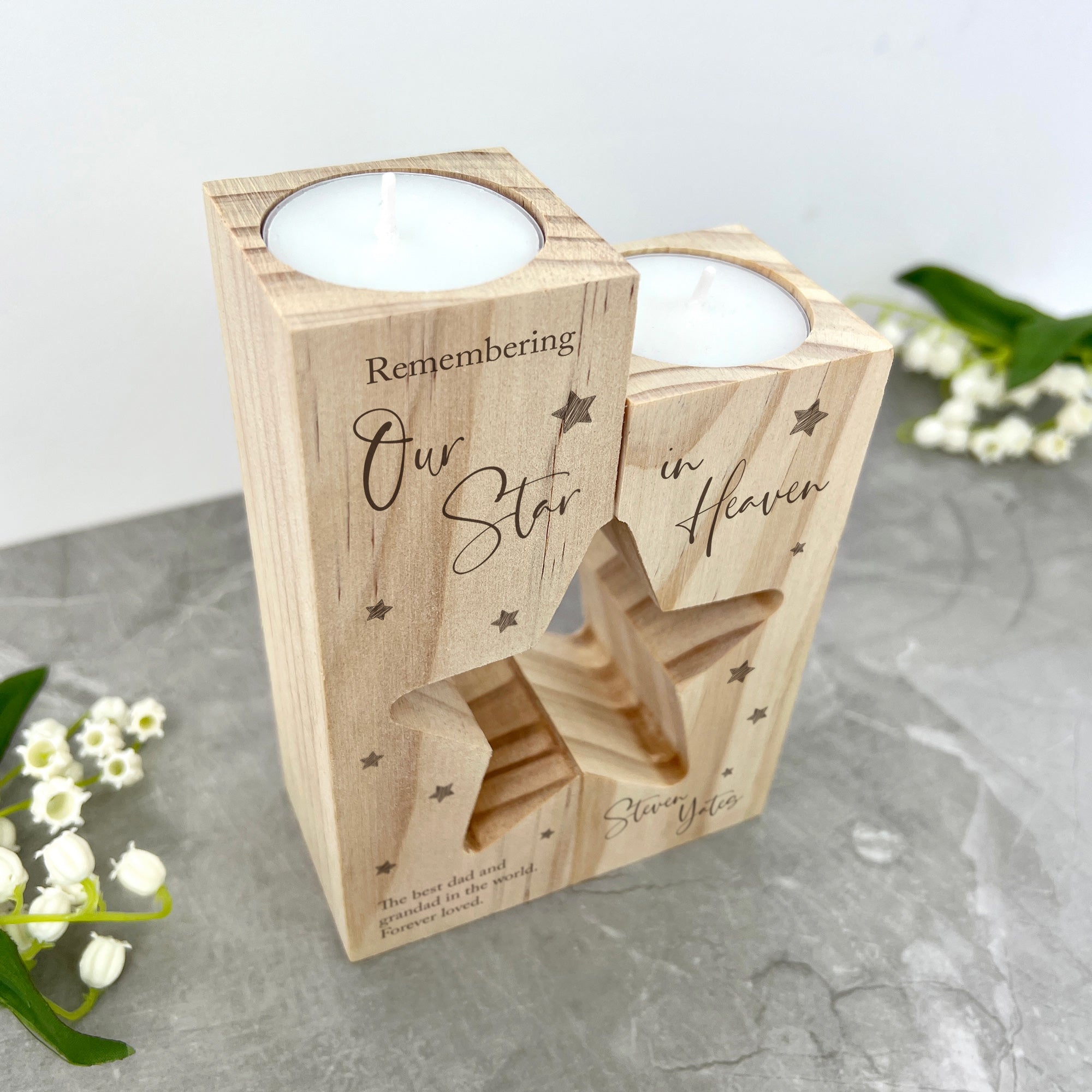 Personalized Solid Wood Memorial Star Tea Light Holders - Handcrafted Wooden Candle Holder for Memorial, Wedding, Home Decor & Special Occasions