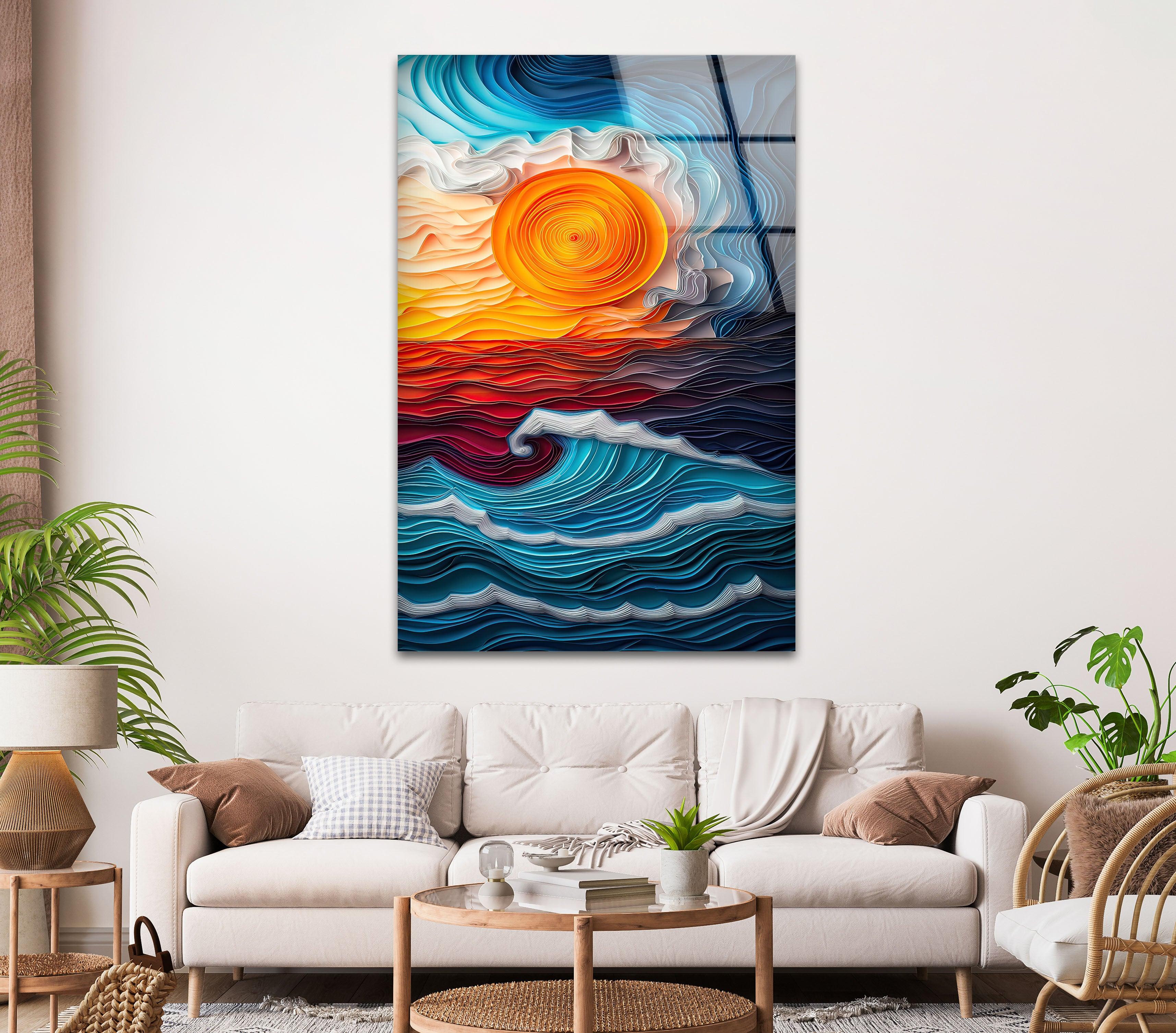 Abstract Ocean Waves Glass Wall Art - Vibrant Sunset Seascape Painting for Home & Office Decor | Coastal Theme Living Room, Bedroom, Beach House Wall Decor