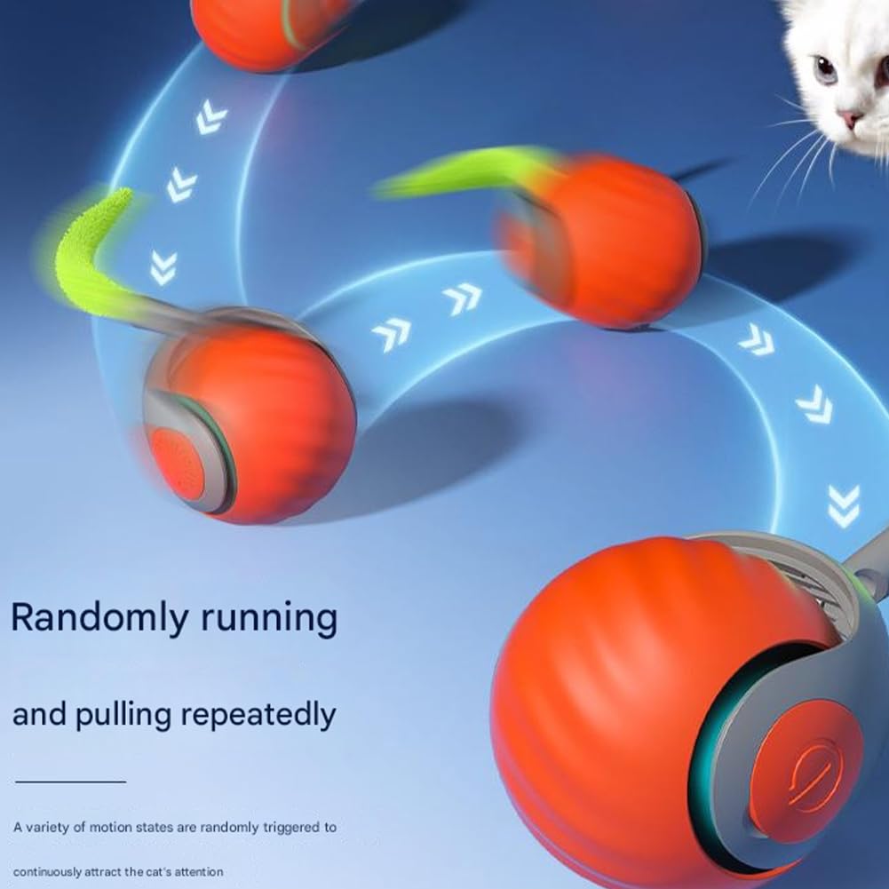 Speedy Tail 2.0 Automatic Interactive Cat Toy Ball - Motion Activated Rolling Ball with USB Rechargeable Smart Tail - Orange & Blue - Perfect for Indoor Play & Exercise
