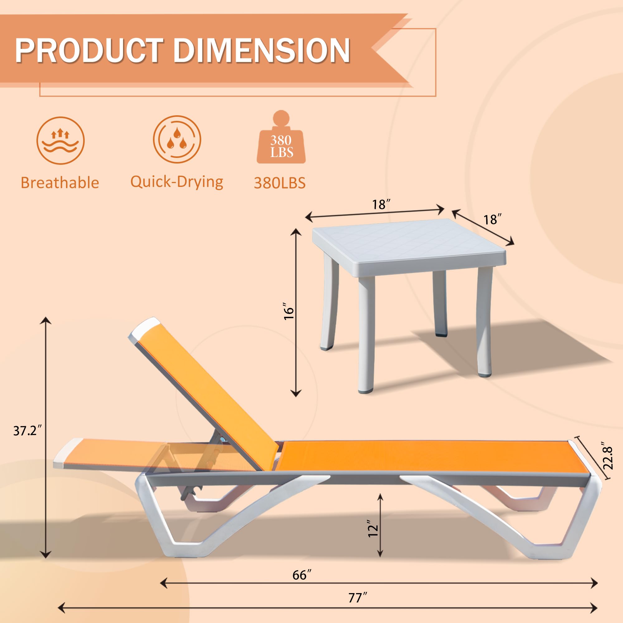 Domi 3-Piece Outdoor Lounge Chair Set with Adjustable Backrest - Aluminum Patio Chaise Lounges & Side Table for Beach, Poolside, Yard - Perfect for Relaxing in Sun, Garden, or Backyard (Orange)