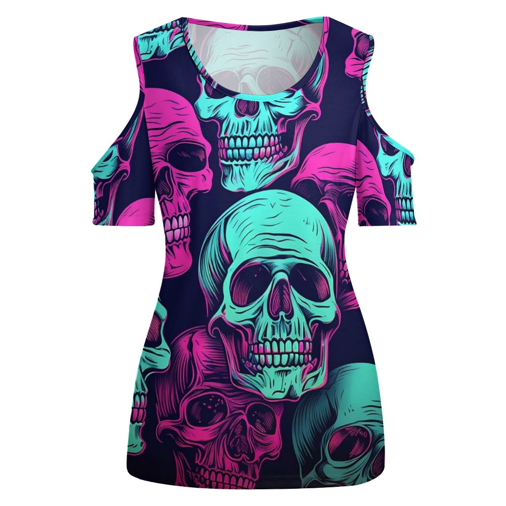 Trendy Neon Skulls Off The Shoulder U-Neck Short Sleeve T-Shirt for Women | Gothic Fashion, Summer Party, Festival Outfit