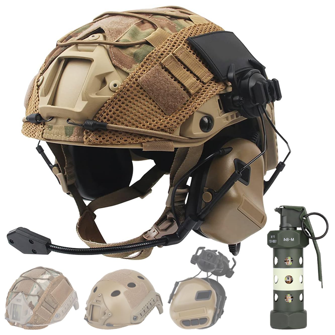 Tactical Paintball Airsoft Helmet Set with Headset, Helmet Cover, Dummy Flashbang & LED Light - Perfect for Hunting, CQB, CS & Military Simulation Games