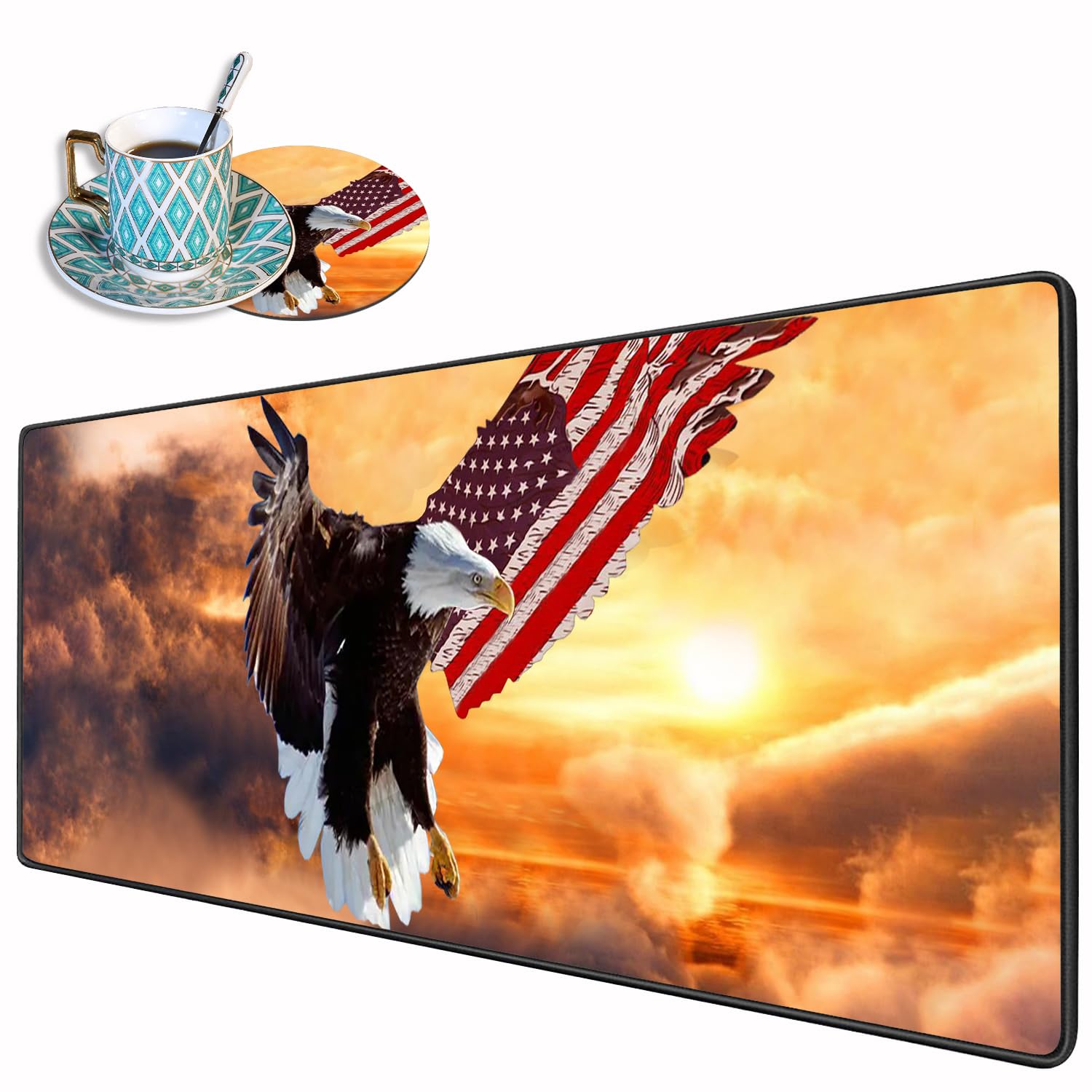 XXL Gaming Mouse Pad 31.5x11.8 Inches - Non-Slip Desk Mat with Stitched Edges & 2 Coasters - Perfect for PC Gaming, Office Work & Home Decor (American Flag Bald Eagle Design)
