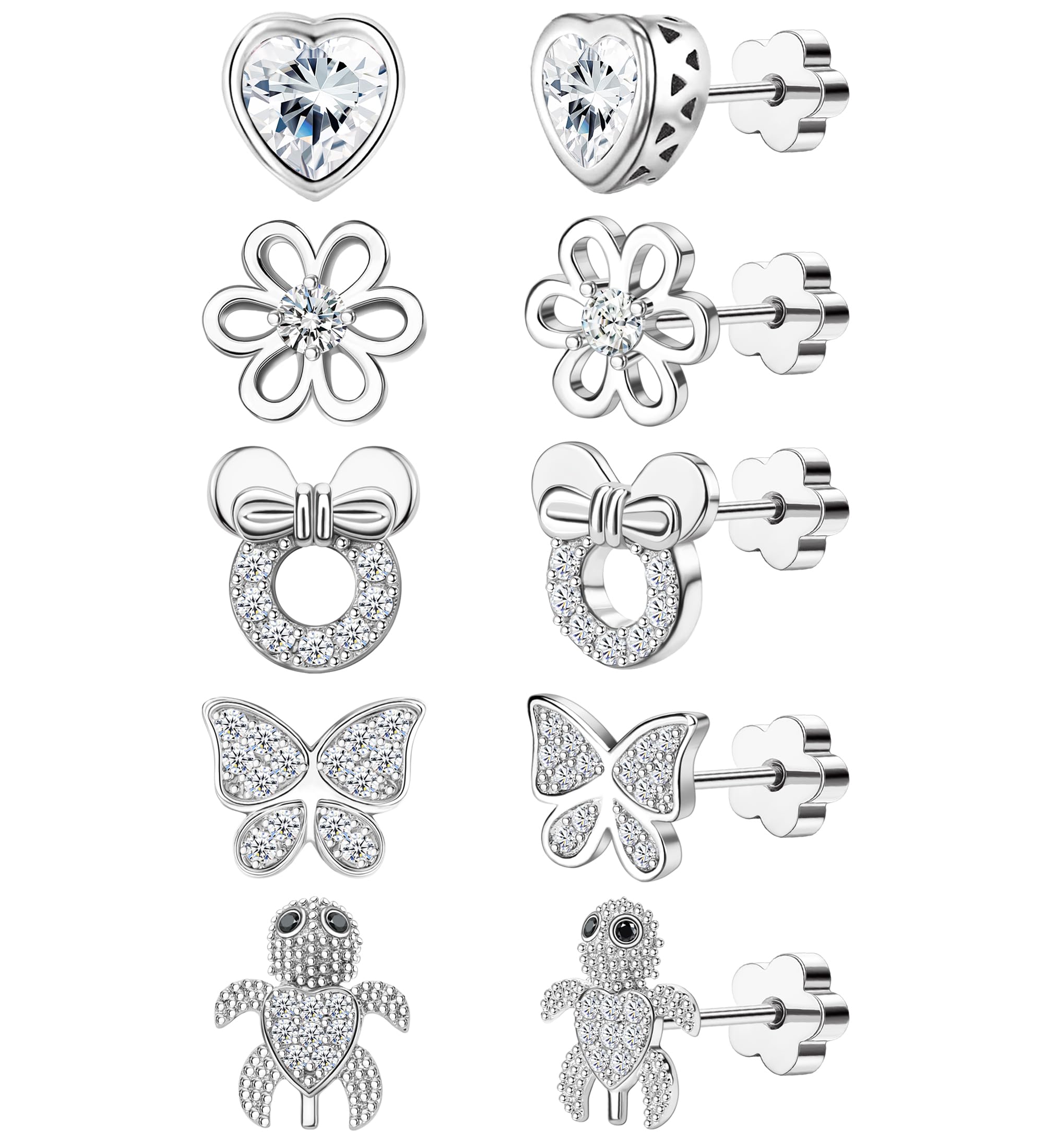 5 Pairs Hypoallergenic Flat Back Earrings for Women - Surgical Steel CZ Heart Flower Stud Earrings with Screw Backs (20G) | Sensitive Ears Friendly | Perfect for Sleeping, Work & Everyday Wear