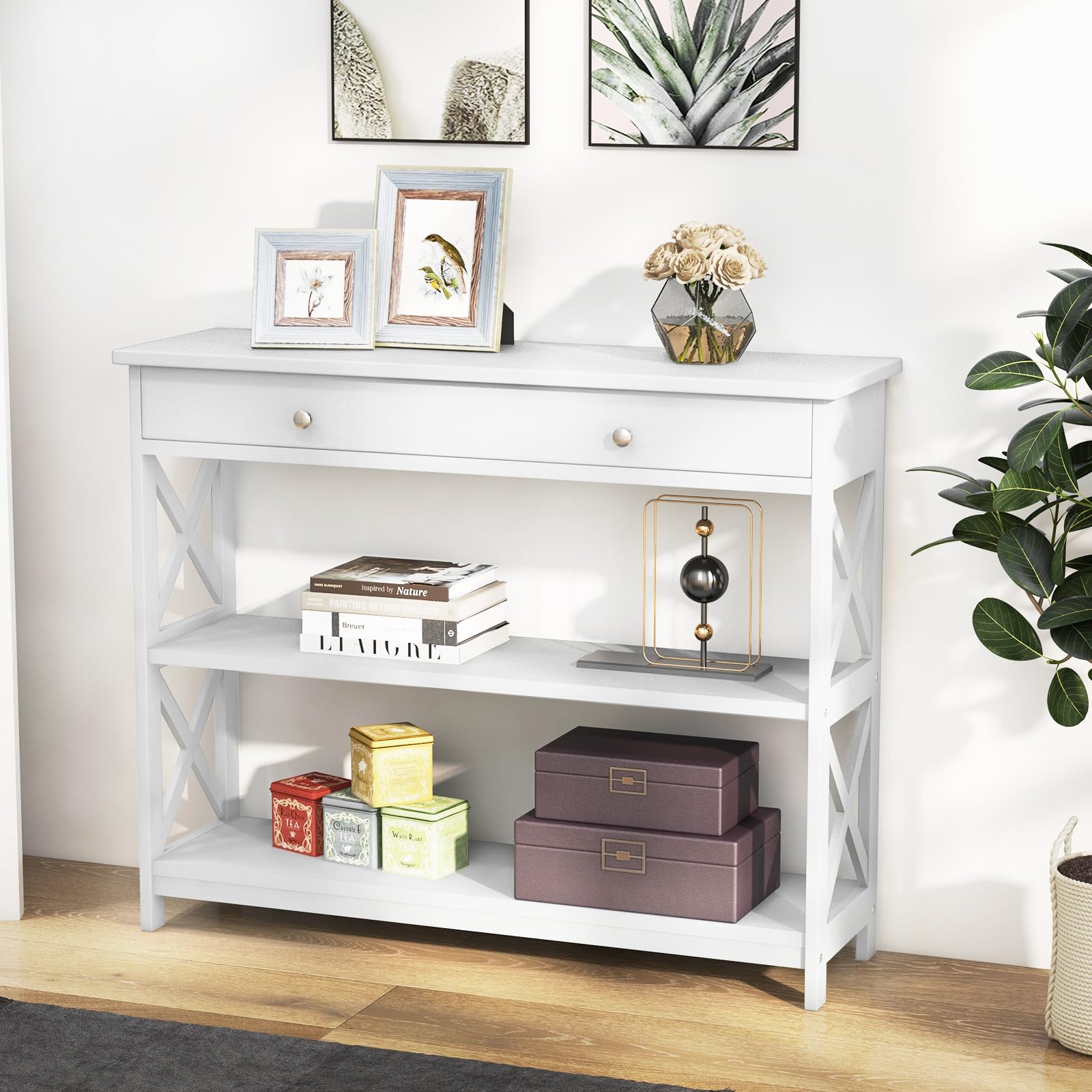 GOFLAME 3-Tier Narrow Sofa Table with Large Drawer & 2 Open Shelves, Modern Wooden Console Table for Entryway, Hallway & Living Room - Stylish Storage Solution for Small Spaces (White) | Perfect for Organizing Keys, Decor & Essentials in Compact Areas