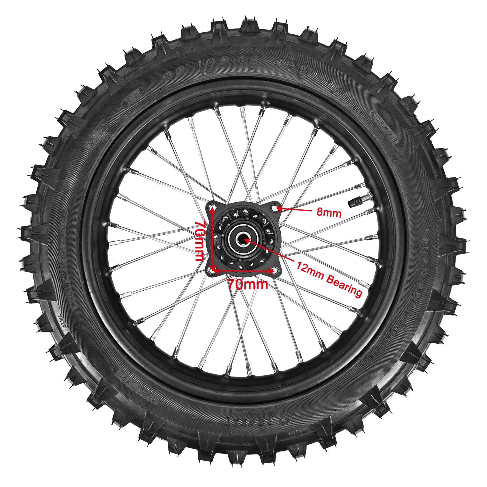 90/100-14 Rear Wheel Tire & Rim with Inner Tube & 12mm Bearing Assembly for Dirt Pit Bike - Perfect for Off-Road Racing & Trail Riding