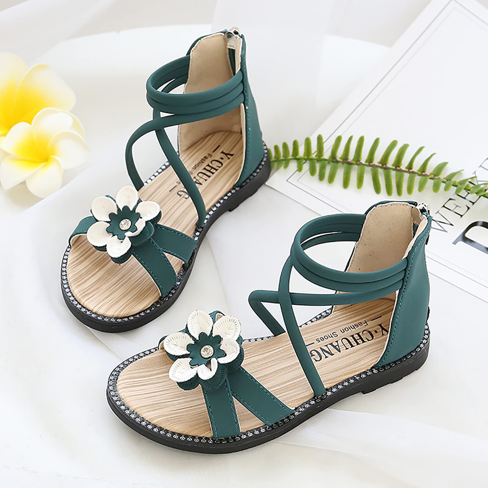 EnJoCho Girls Flower Sandals - Princess Dance Shoes for Toddlers (Green, Size 35) - Perfect for Parties & Playtime