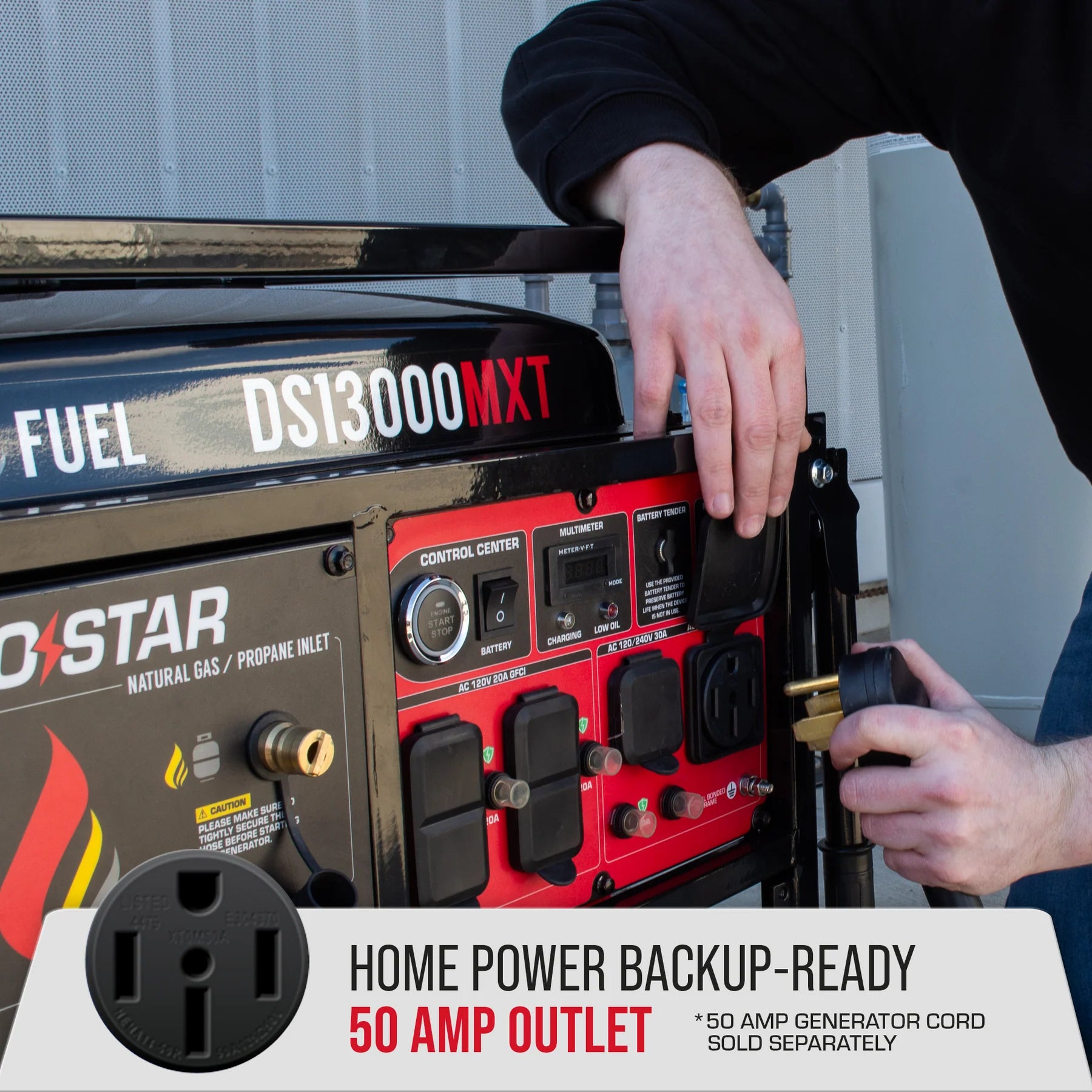 DuroStar DS13000MXT 10500W/13000W Portable Generator - Tri Fuel (Gas/Propane/Natural Gas) with 50 Amp Output, CO Alert & Remote Start - Ideal for Home Backup Power, Camping & Emergency Use