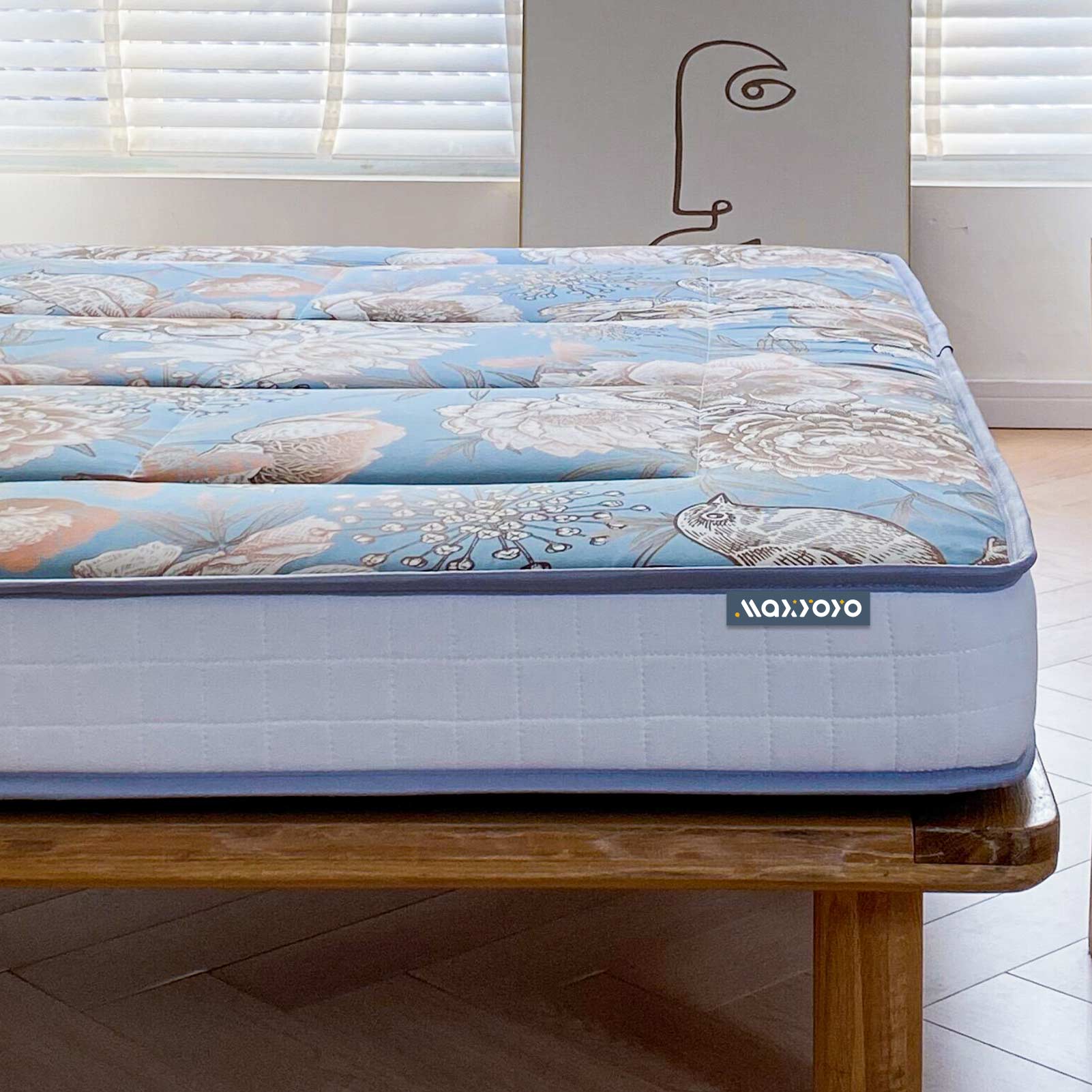 MAXYOYO 6-Inch Extra Thick Japanese Futon Mattress - Luxury Gold Floral & Bird Design Floor Sleeping Pad for Home, Guest Room, or Meditation Space