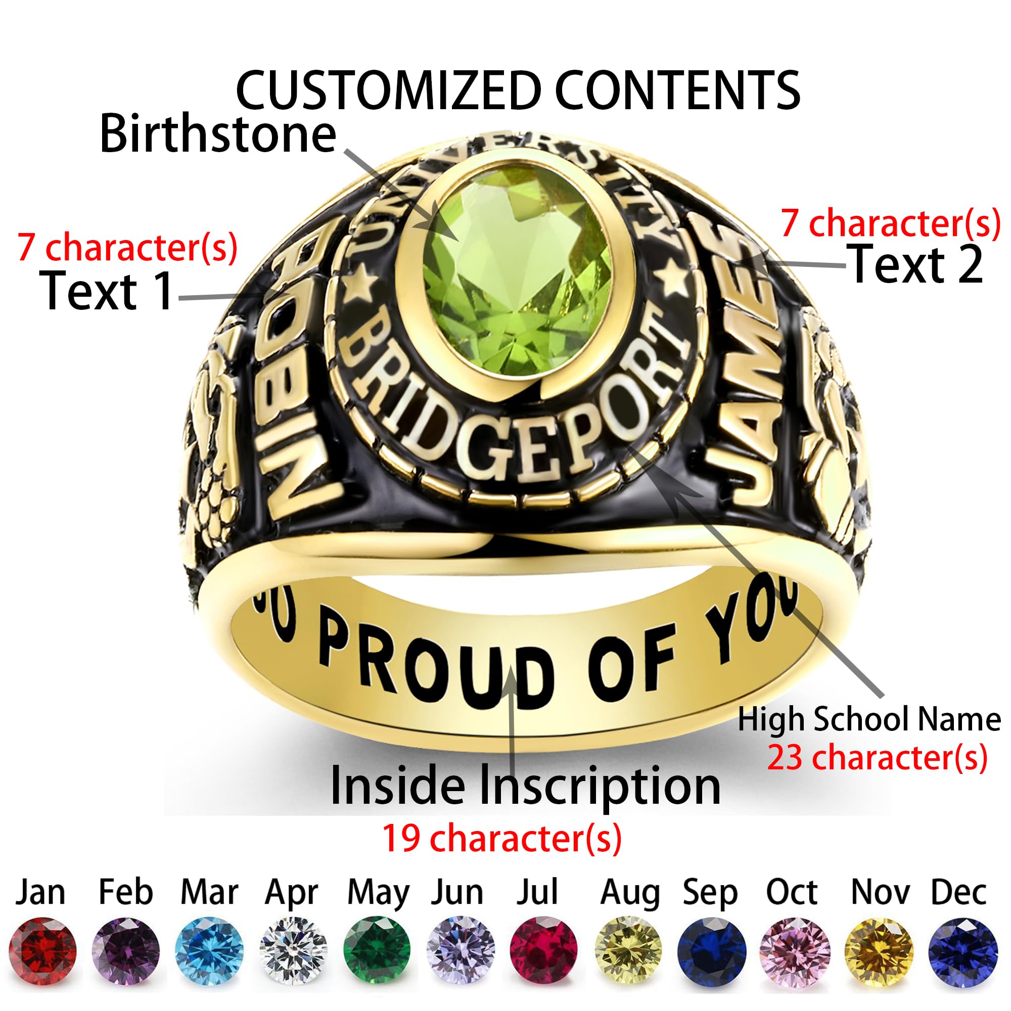 **Personalized Class Rings for Men & Women - Custom High School Graduation Rings in 10KT Gold, Sterling Silver with Birthstone - Sizes 5-15 - Perfect for Commencement, Anniversaries & Special Memories**