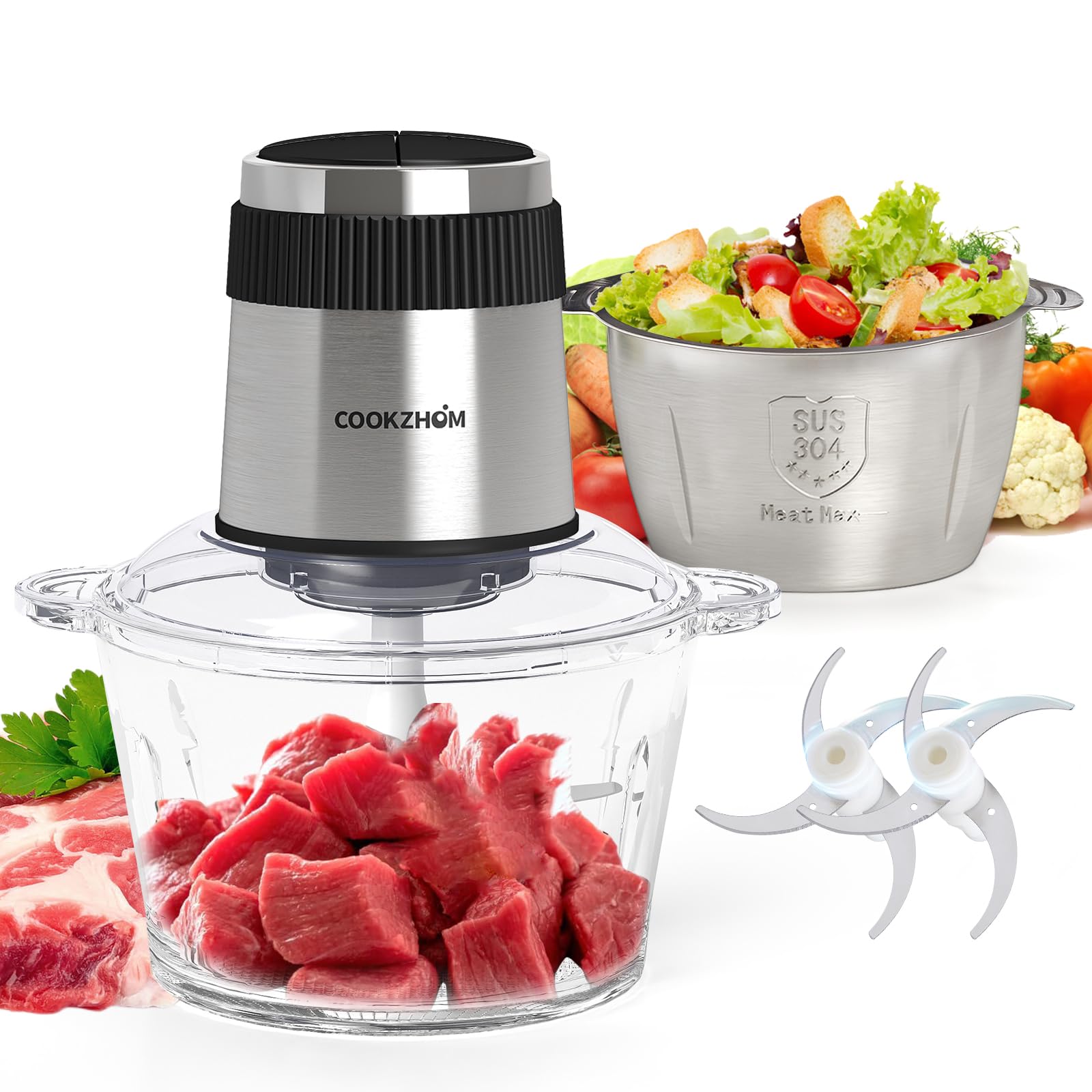 500W Electric Food Processor & Meat Grinder - 2 Stainless Steel Bowls (8 Cup Each) & Dual Blades - Perfect for Chopping Meat, Vegetables, Fruits, Nuts & Making Baby Food - Ideal for Home Kitchen, Meal Prep & Healthy Cooking