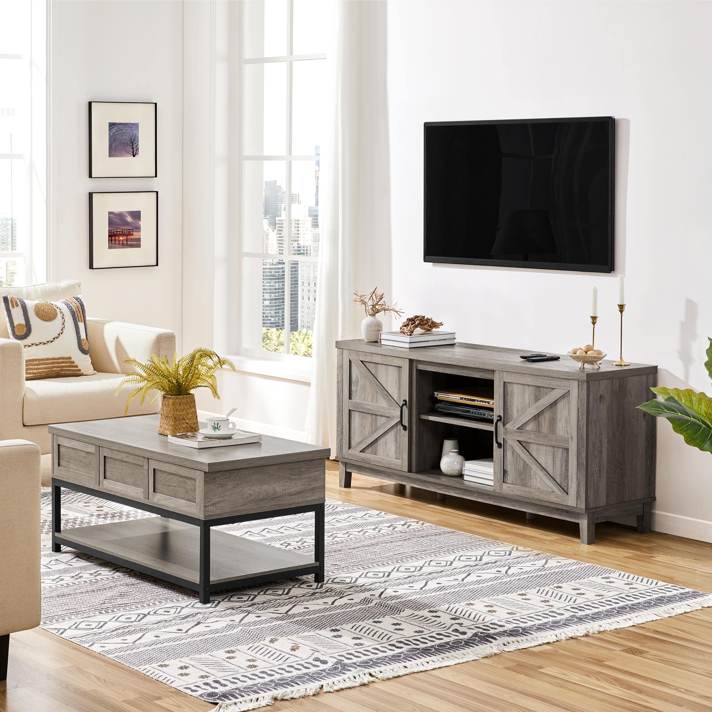 Yaheetech 65 Inch TV Stand - Farmhouse Style Entertainment Center with Double Barn Doors, Gray - Perfect for Living Room & Bedroom - Sturdy TV Console Table for Flat Screen TVs