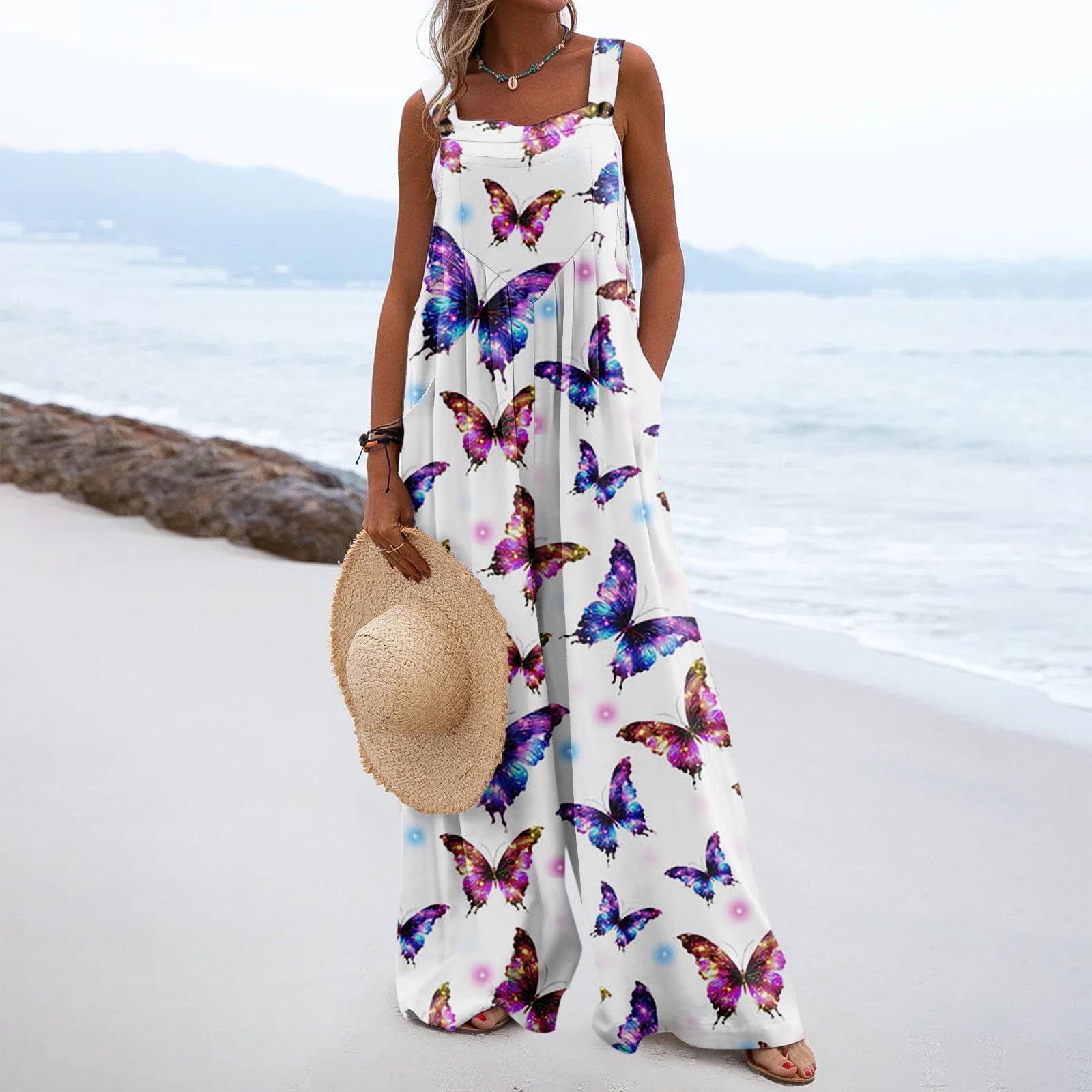 WANZZXCSL Women's Casual Print Wide Leg Jumpsuit - Sleeveless Romper with Loose Straps & Pockets | Perfect for Summer Outfits, Beach Wear & Casual Outings