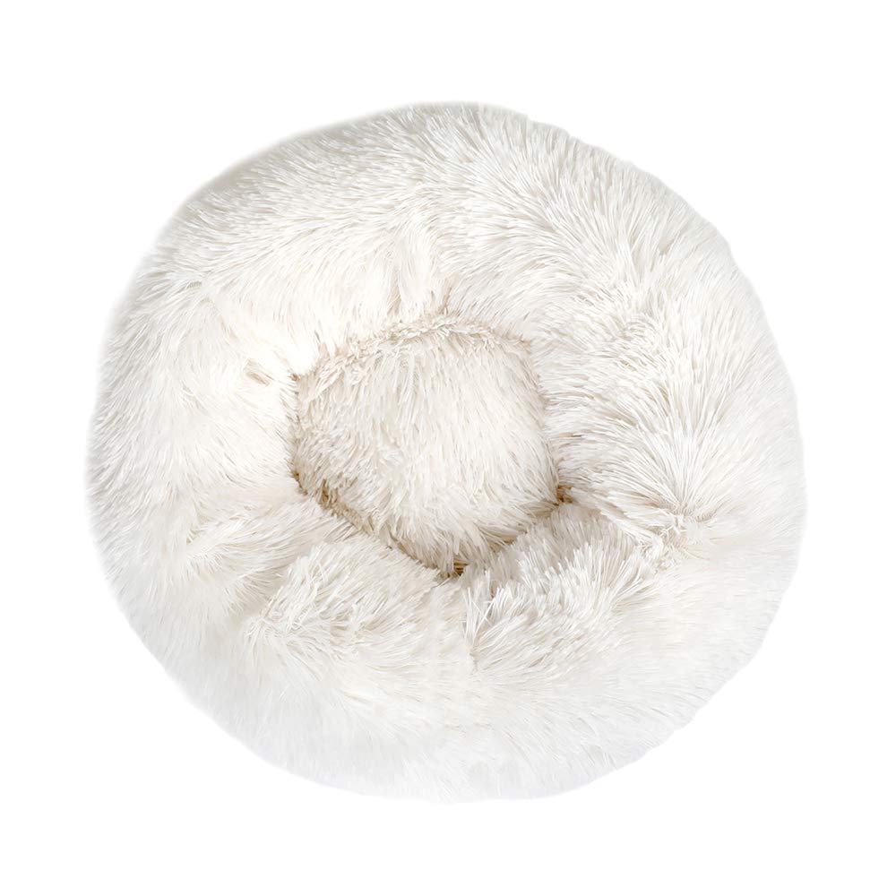 Otoez Round Donut Dog Bed for Small Dogs & Cats - Washable Fluffy Plush Anti-Anxiety Pet Bed with Non-Slip Waterproof Bottom (23.6 Inches, White) - Perfect for Calming Nervous Pets in Living Room or Bedroom