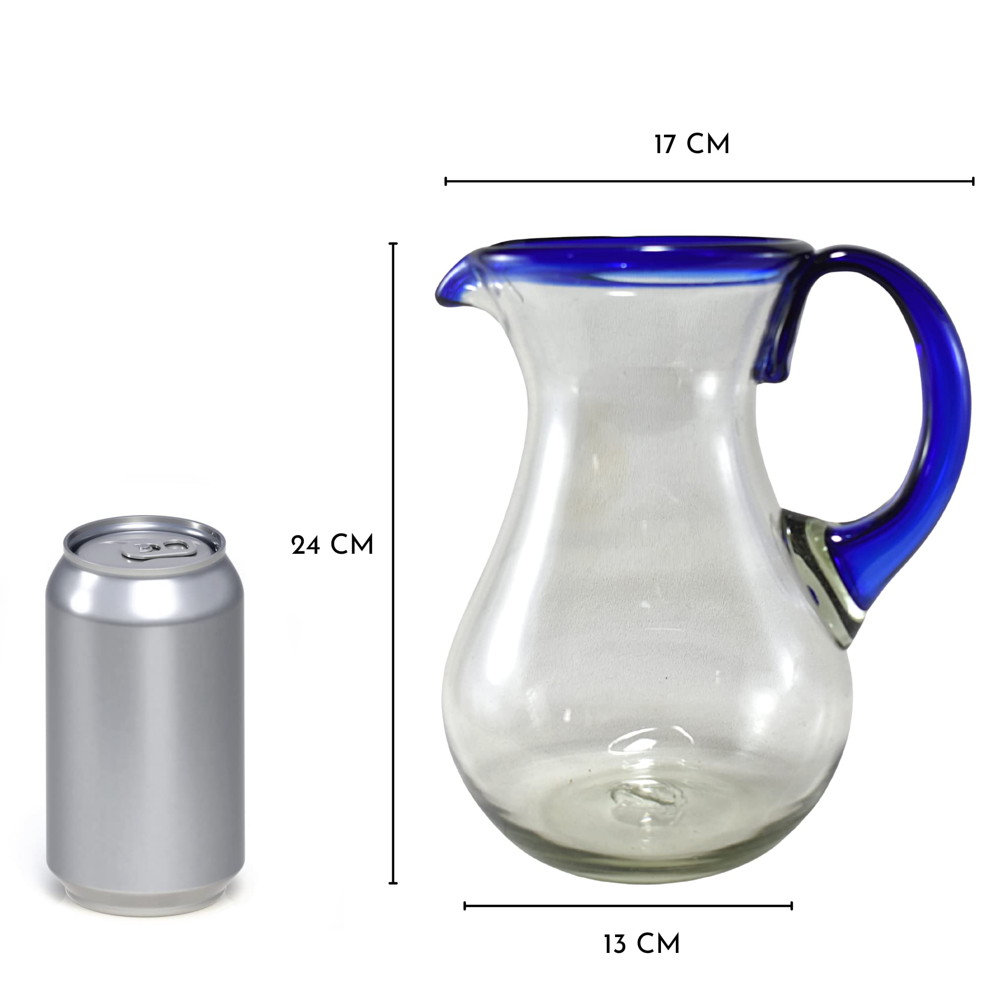 Handmade Mexican Blown Glass Water Tumblers with Cobalt Blue Rim - 6-Piece Set with Pitcher for Iced Tea, Lemonade & Summer Beverages
