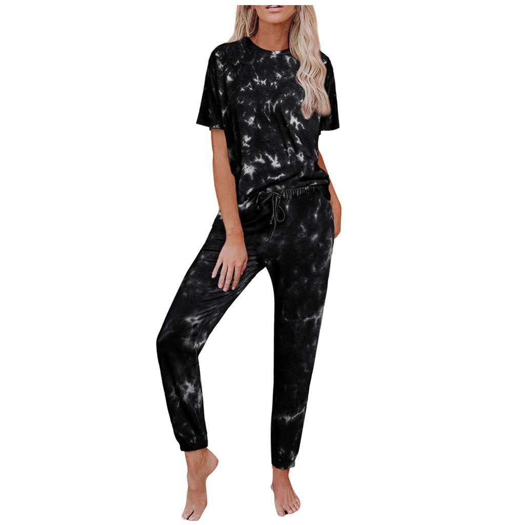 iQKA Women's Tie Dye Loungewear Set - Short Sleeve Top & Long Pants Pajama Jogger Outfit (2 Piece) | Soft Cotton Sleepwear for Home, Yoga & Relaxation