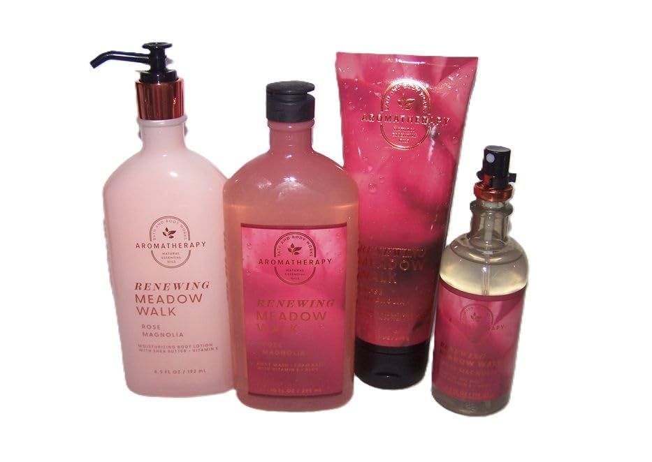 4-Piece Aromatherapy Set - Renewing Meadow Walk Rose Magnolia Bath & Body Wash, Lotion, Essential Oil Mist for Relaxation & Self-Care at Home